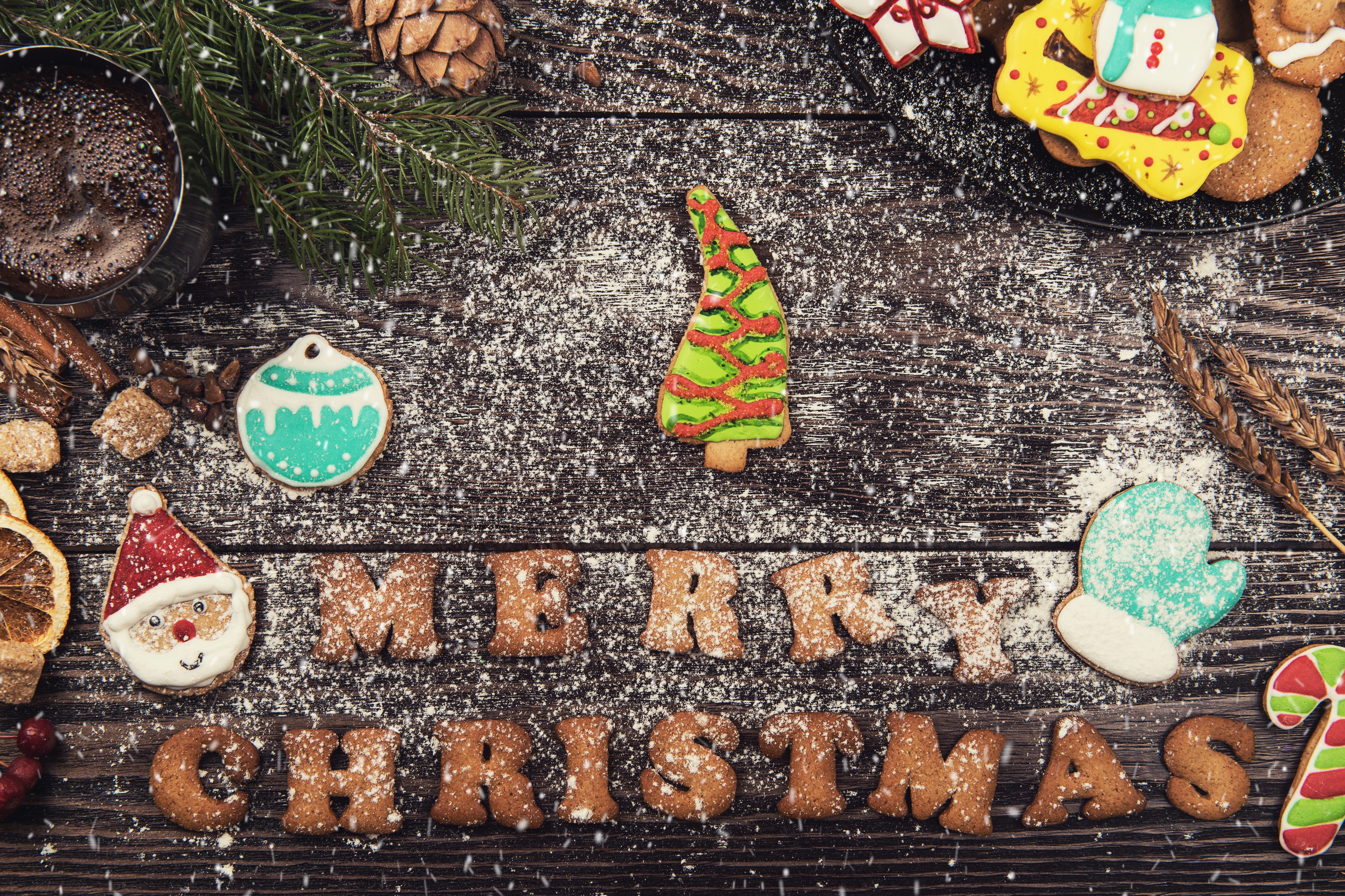Christmas cookies with powdered sugar on wood HD Wallpaper