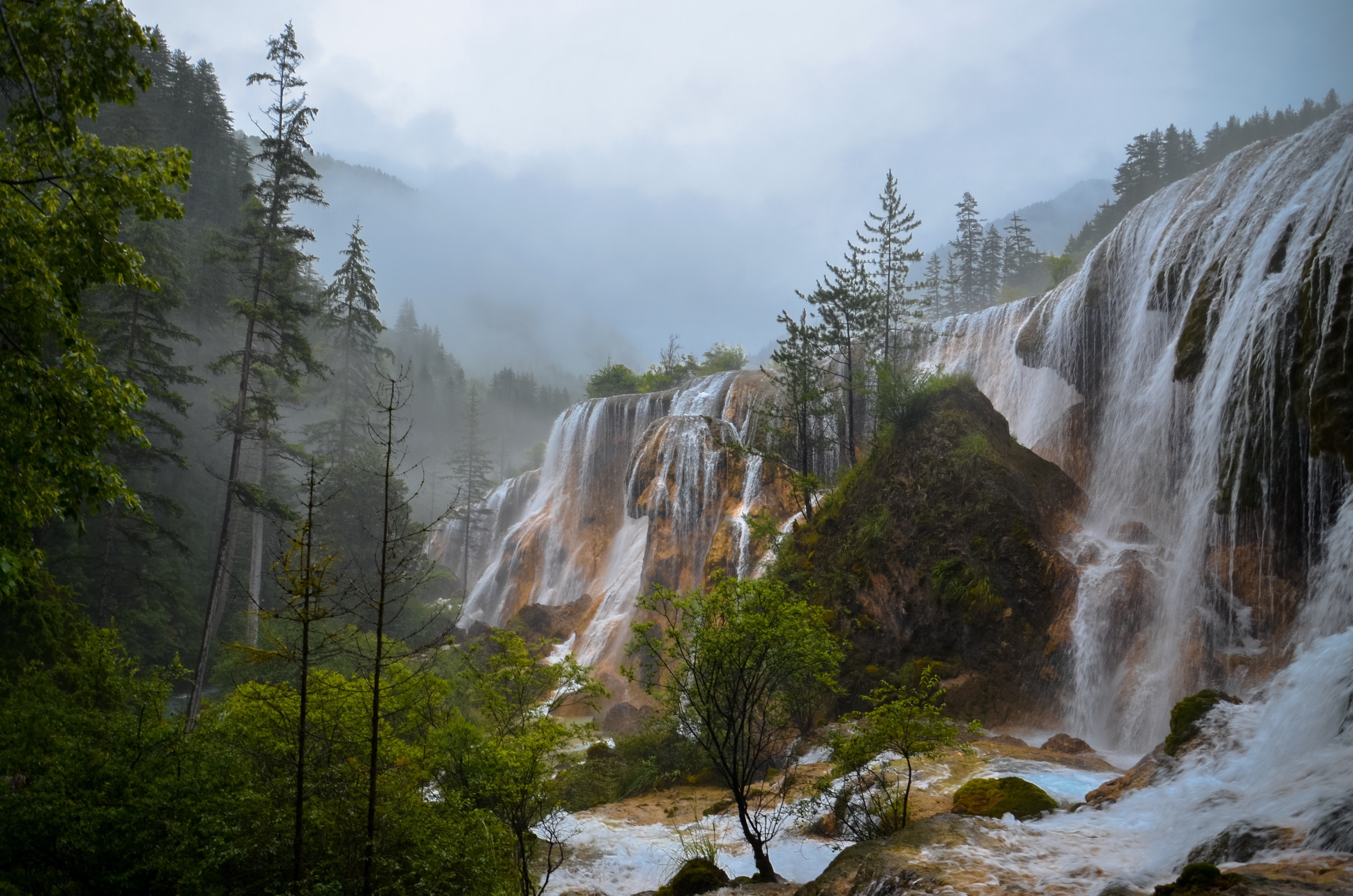 4K Waterfall in Foggy Forest HD Wallpaper
