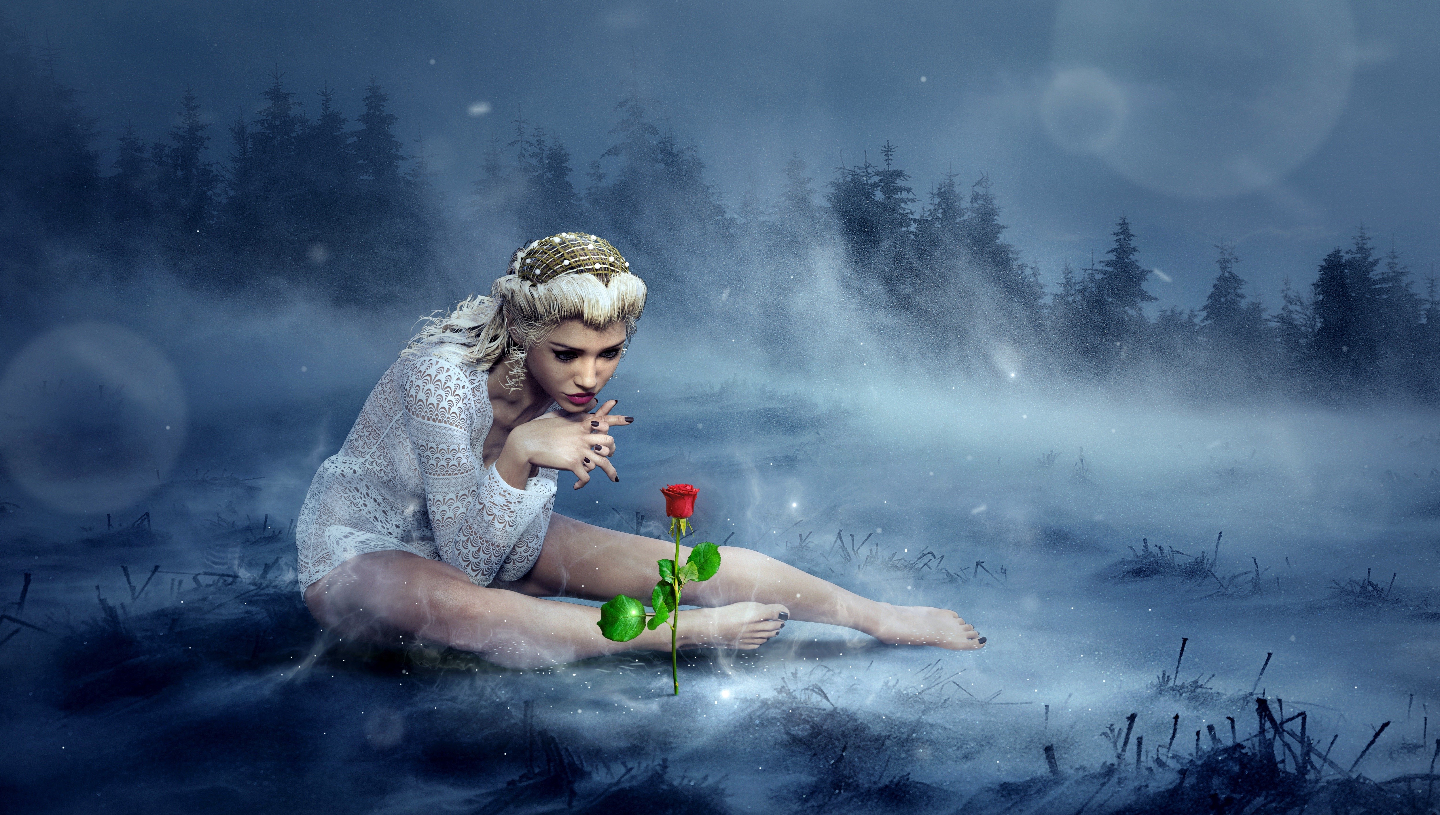 Blonde woman in white dress with rose in foggy forest HD Wallpaper