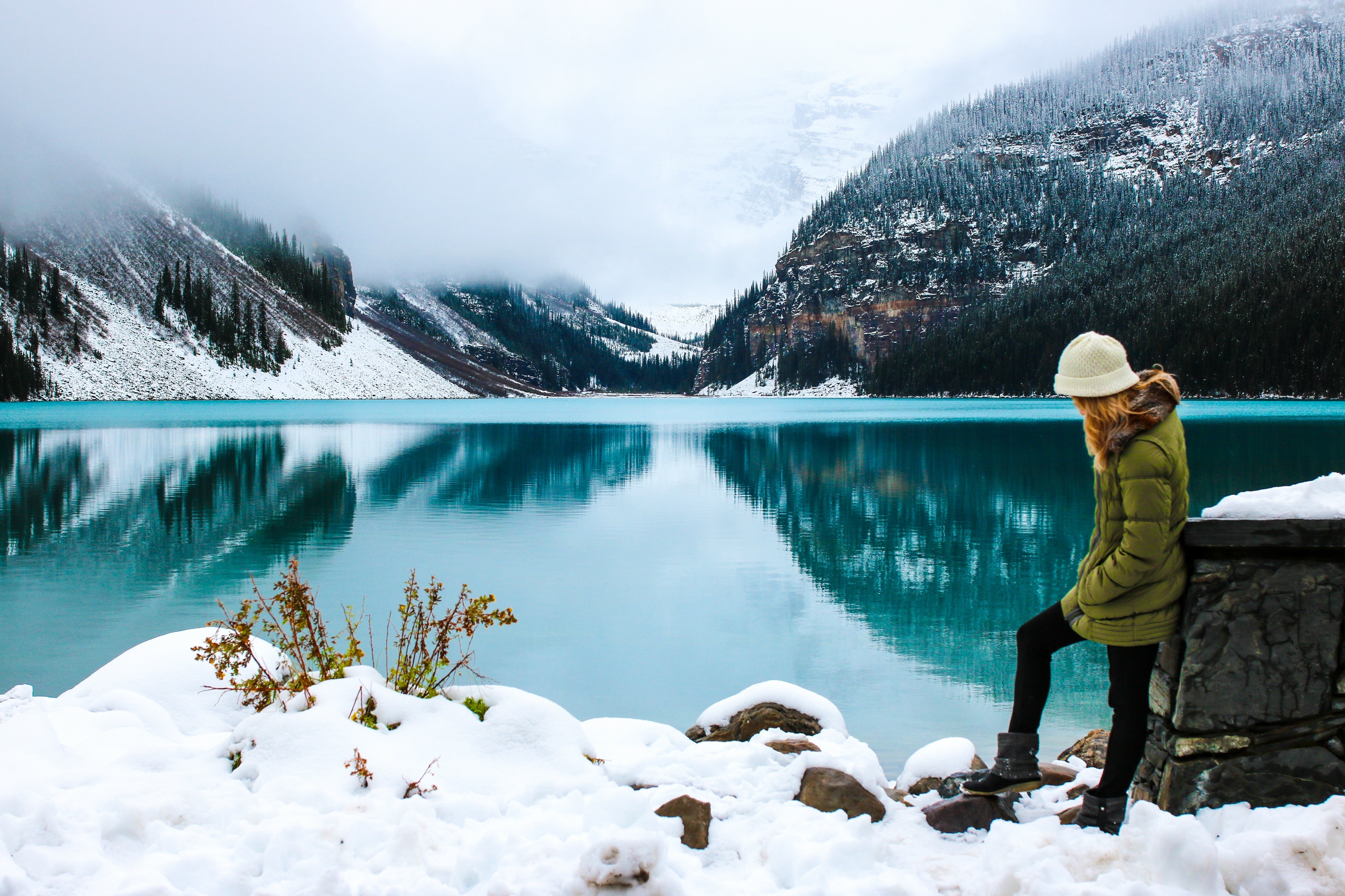 Woman at Lake Louise in Banff National Park, Canada HD Wallpaper