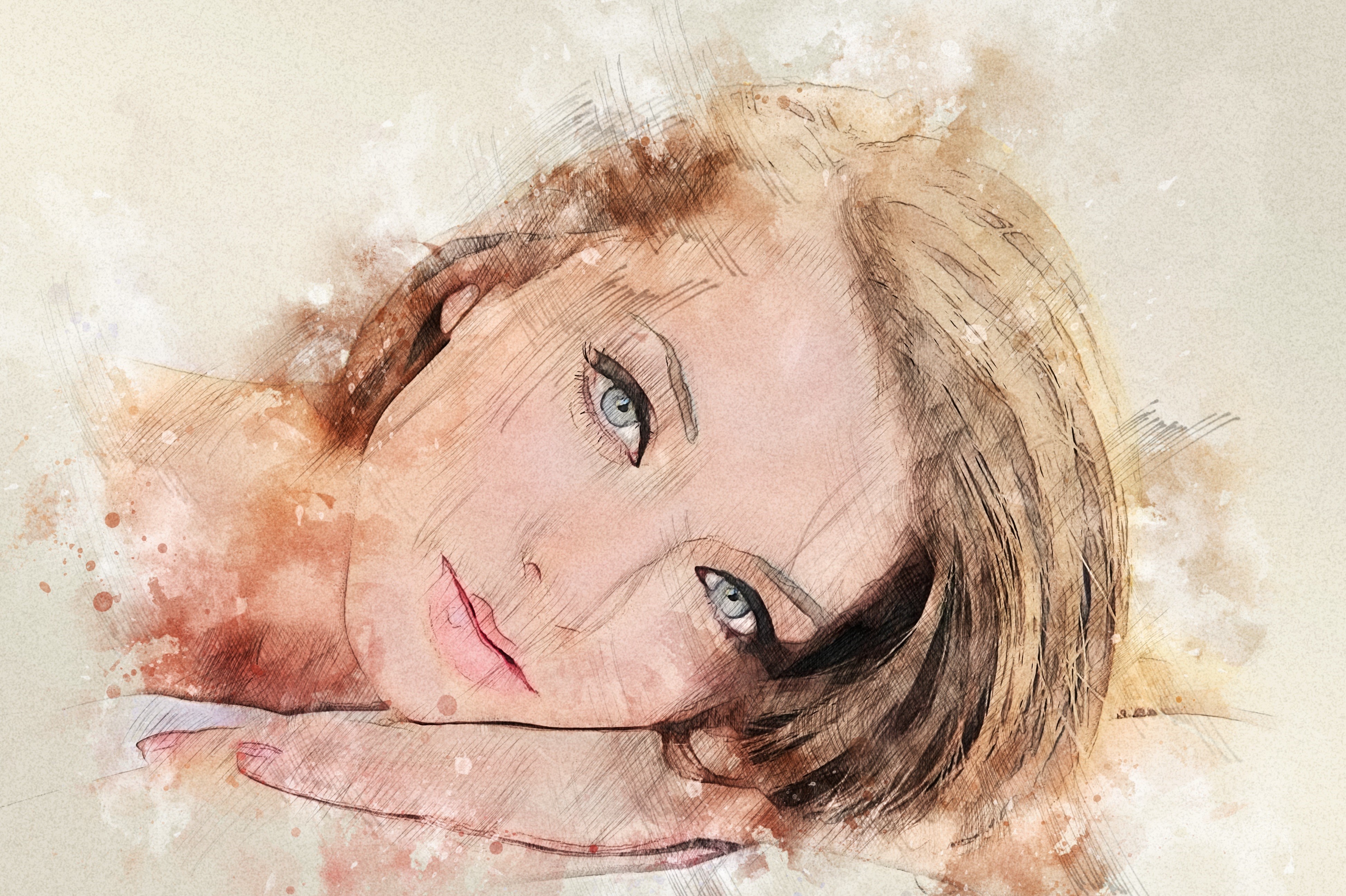 Painting of a brown-haired woman with blue eyes HD Wallpaper