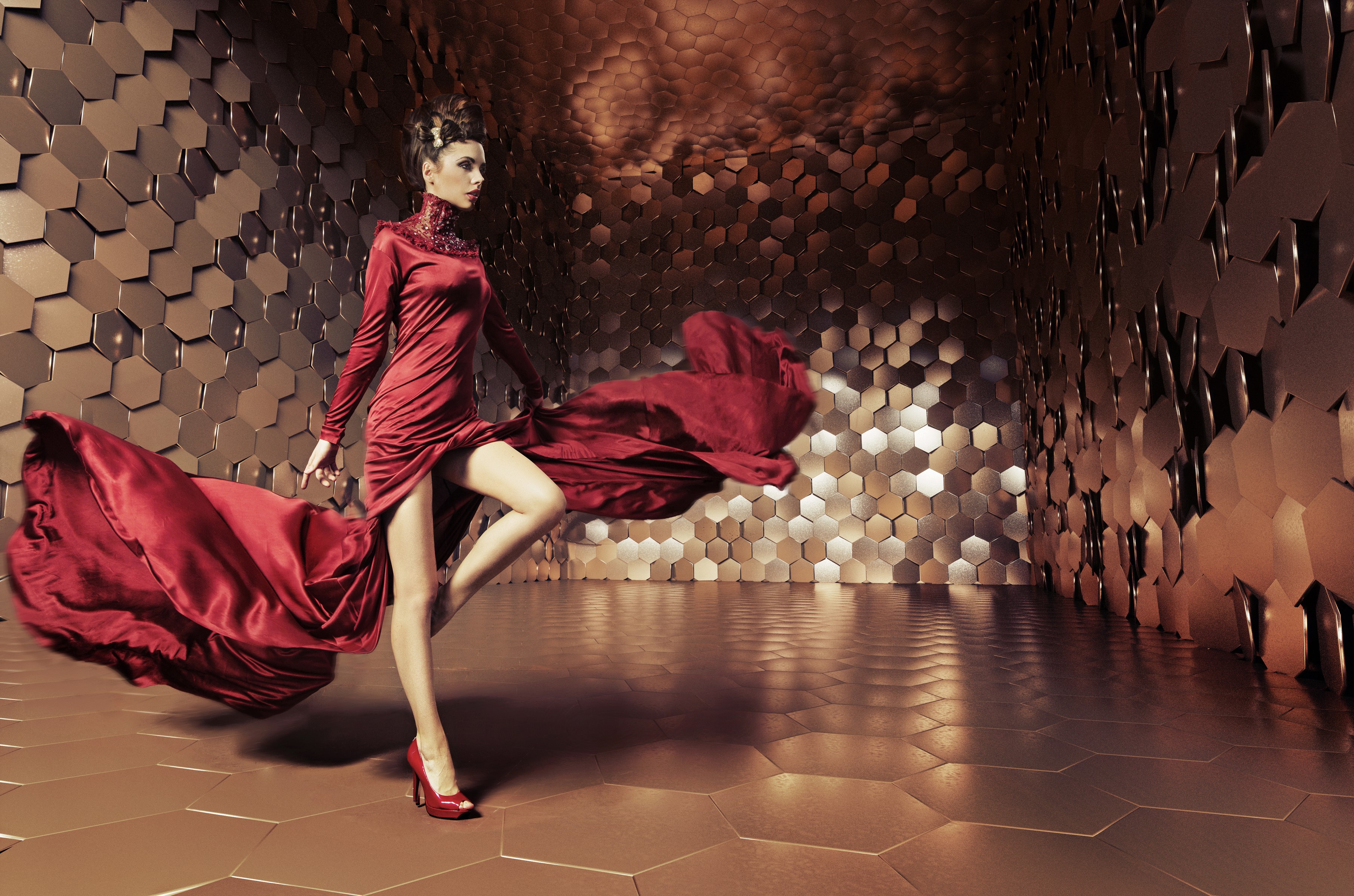 Woman in red dress dancing in hexagonal room HD Wallpaper
