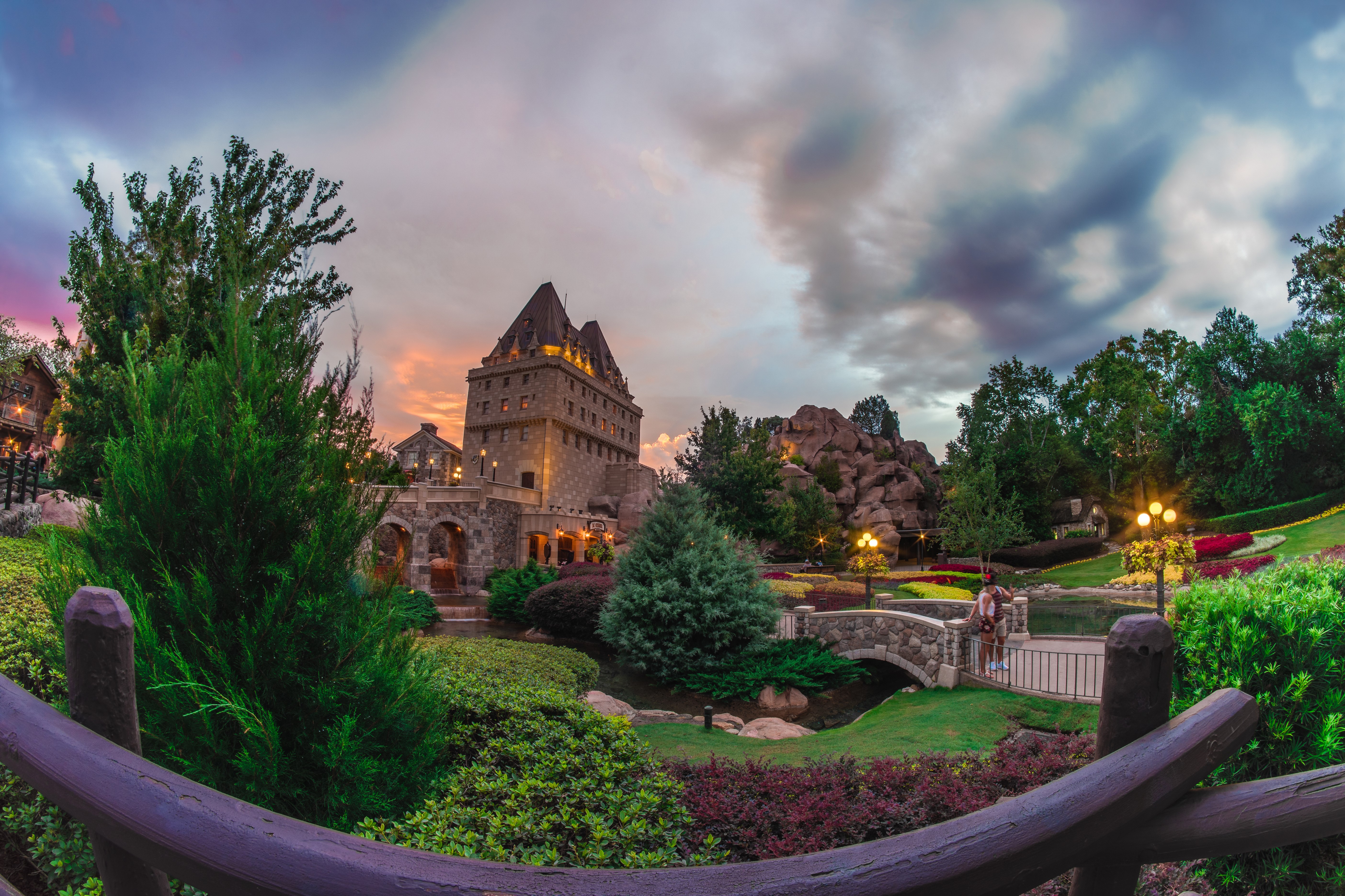 Castle and gardens at dusk HD Wallpaper
