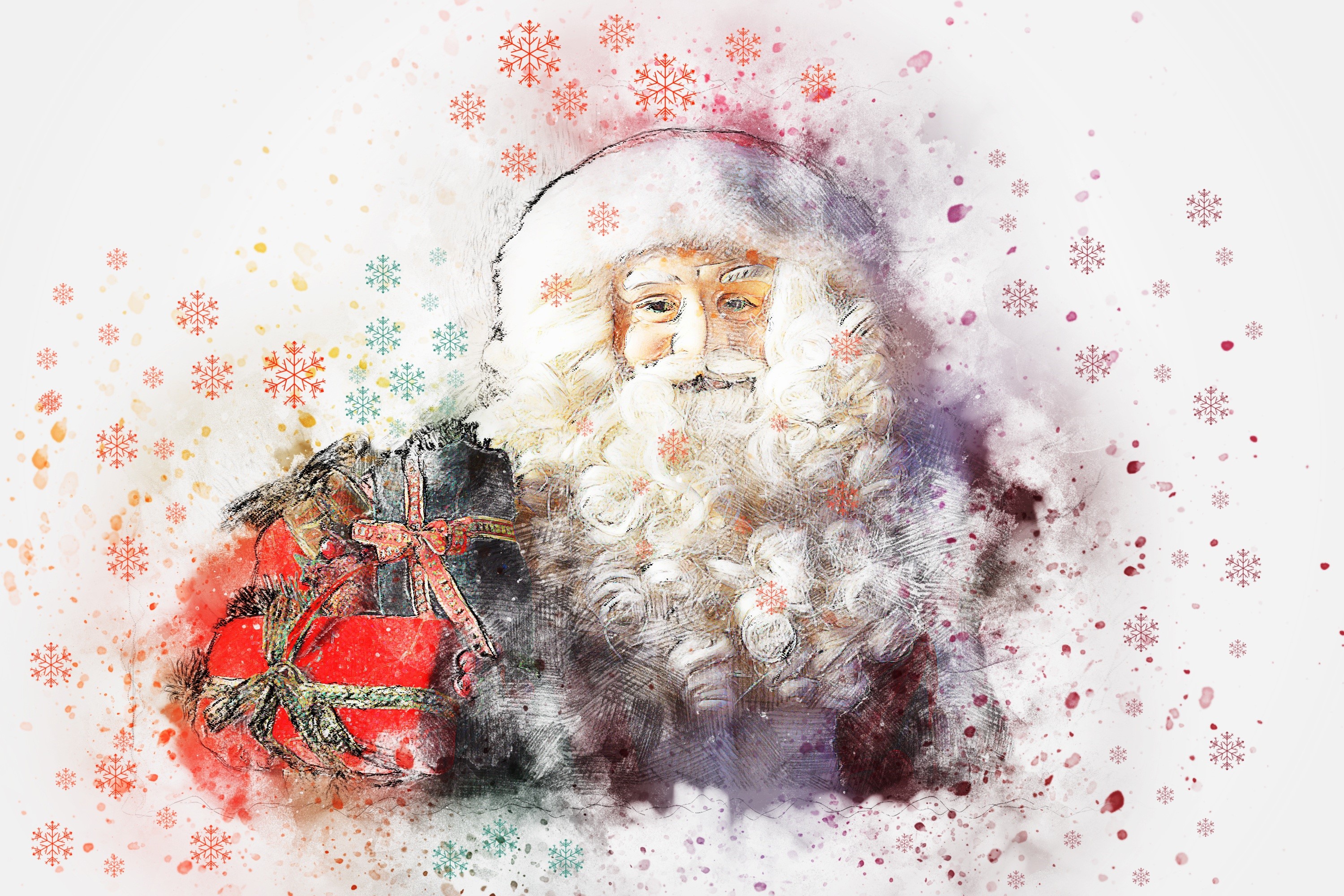Santa Claus holding a gift with snowflakes HD Wallpaper