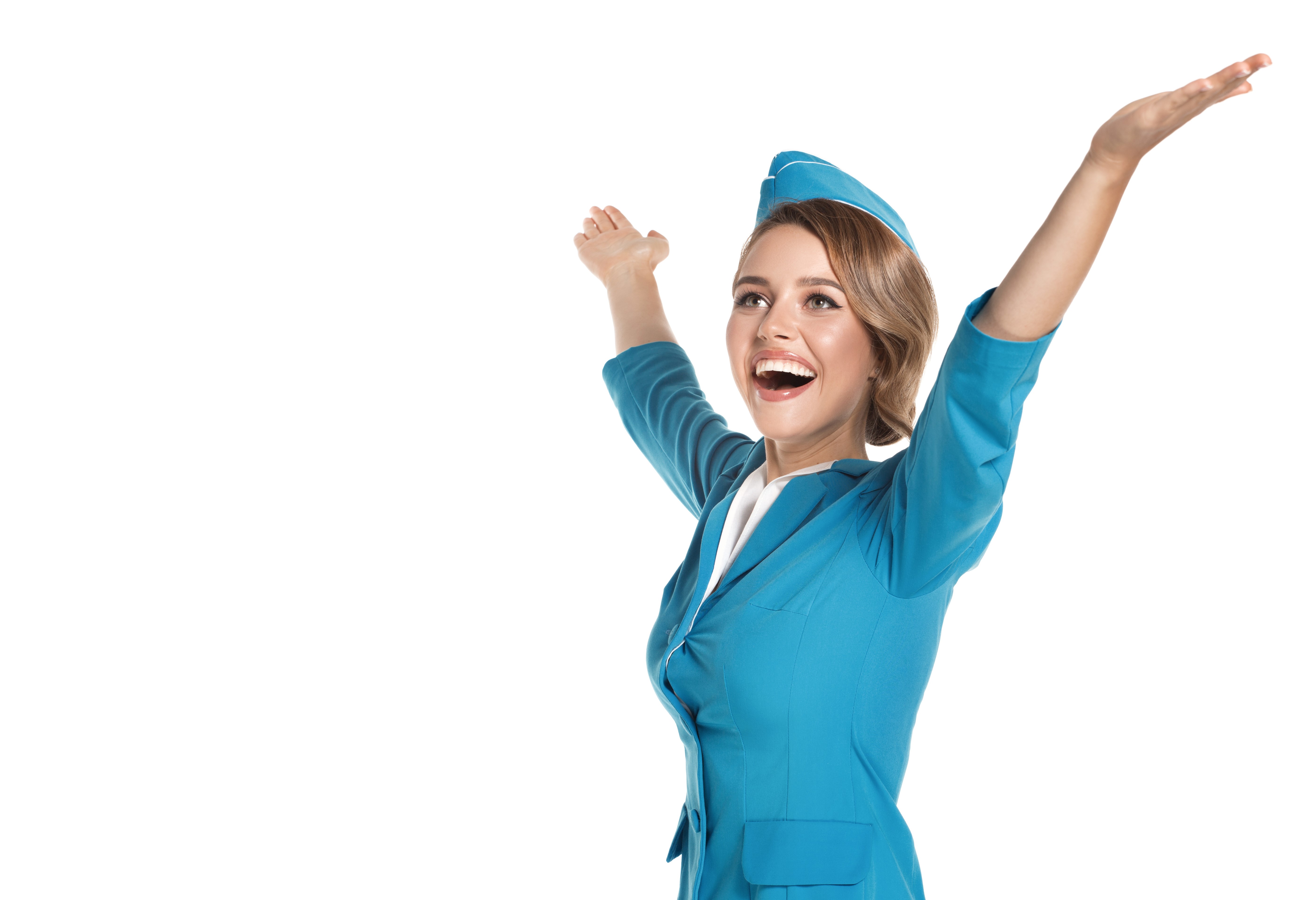 Stewardess with arms raised on white background HD Wallpaper