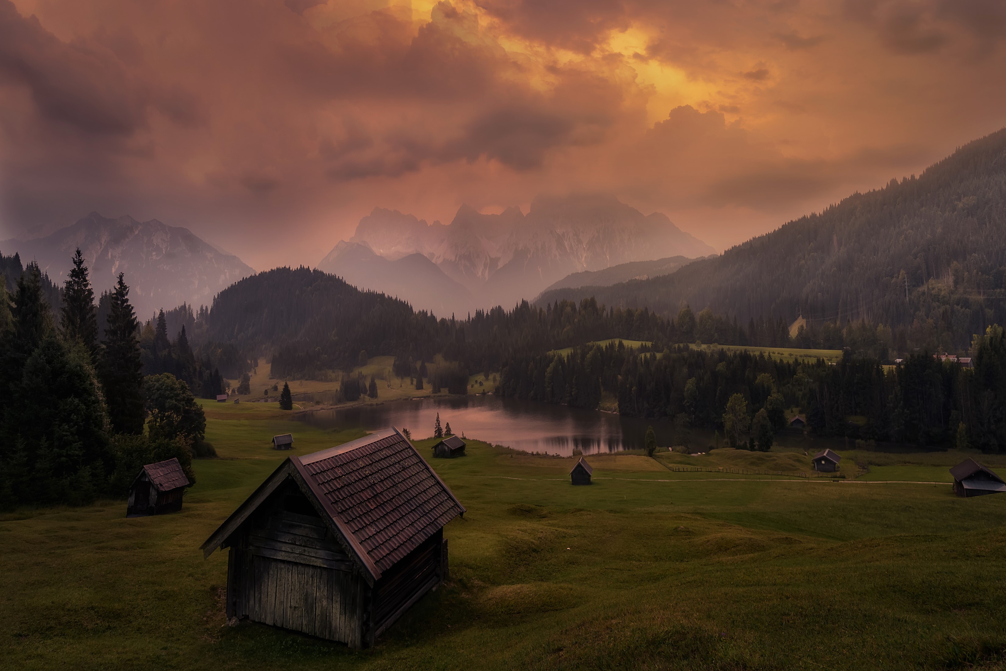 Geroldsee, Germany: Mountains, Lake, Forests, Grasslands, Houses, Evening HD Wallpaper