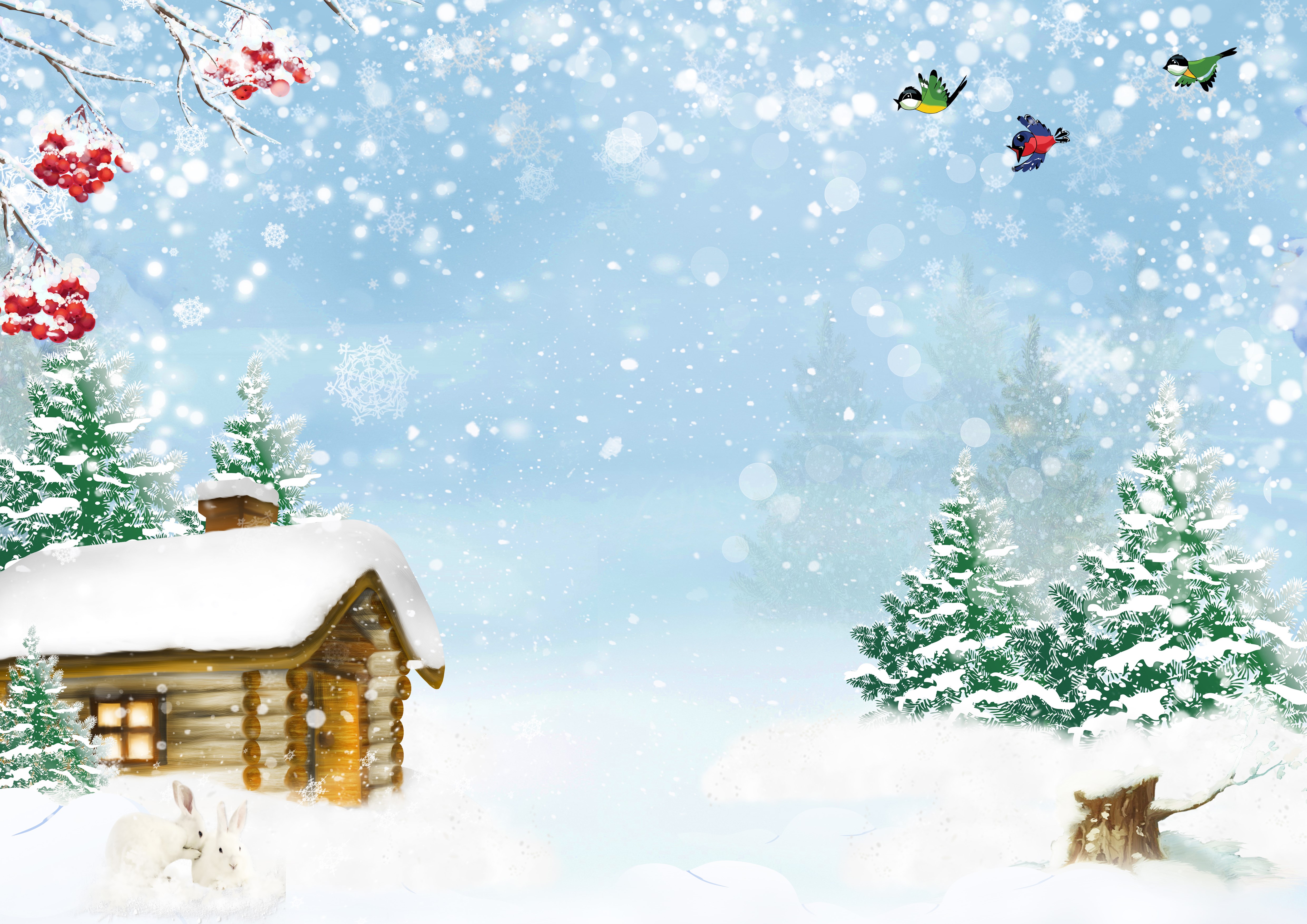 Winter scene with log cabin, snow, and birds HD Wallpaper