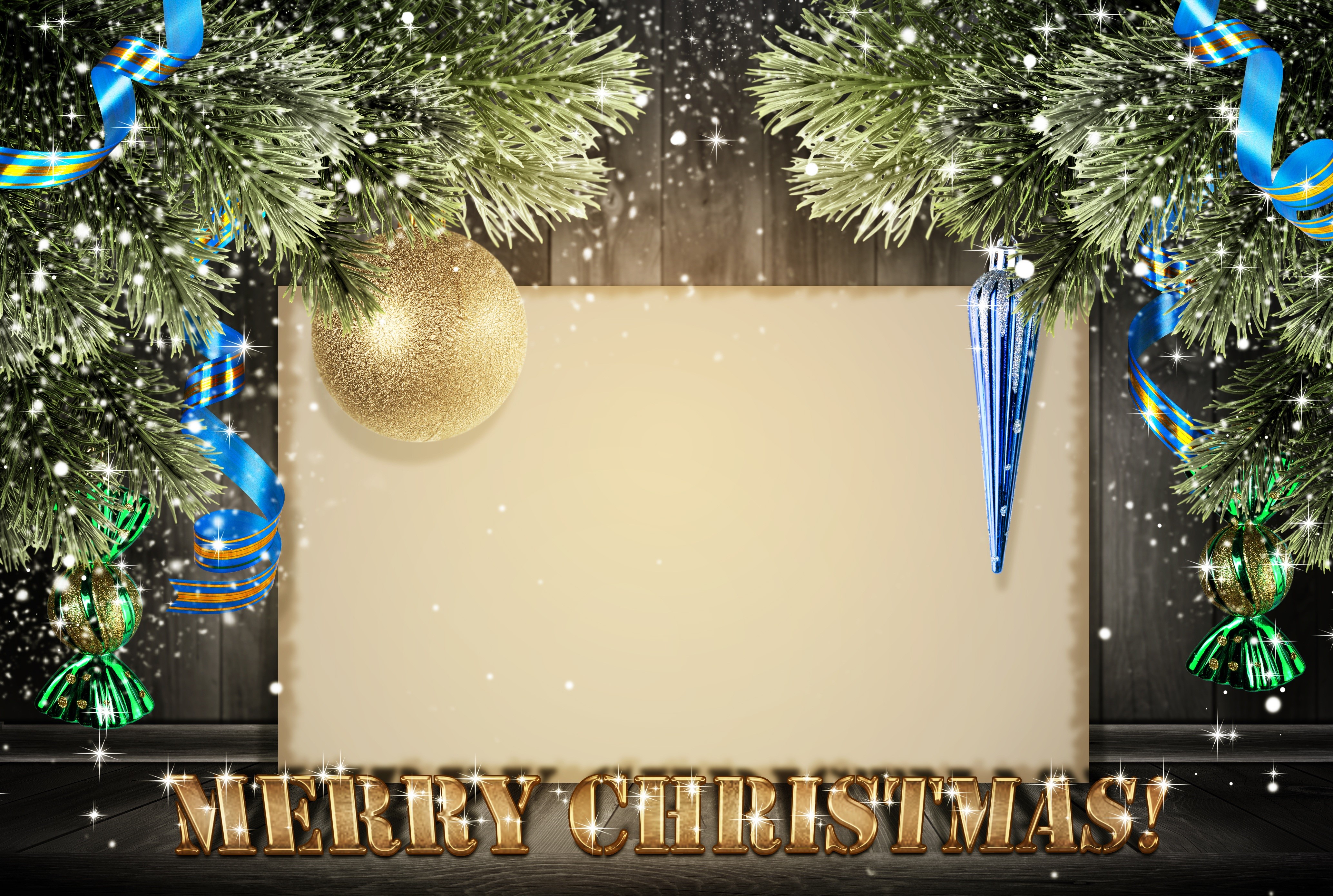 Christmas greeting card template with ornaments and ribbons HD Wallpaper