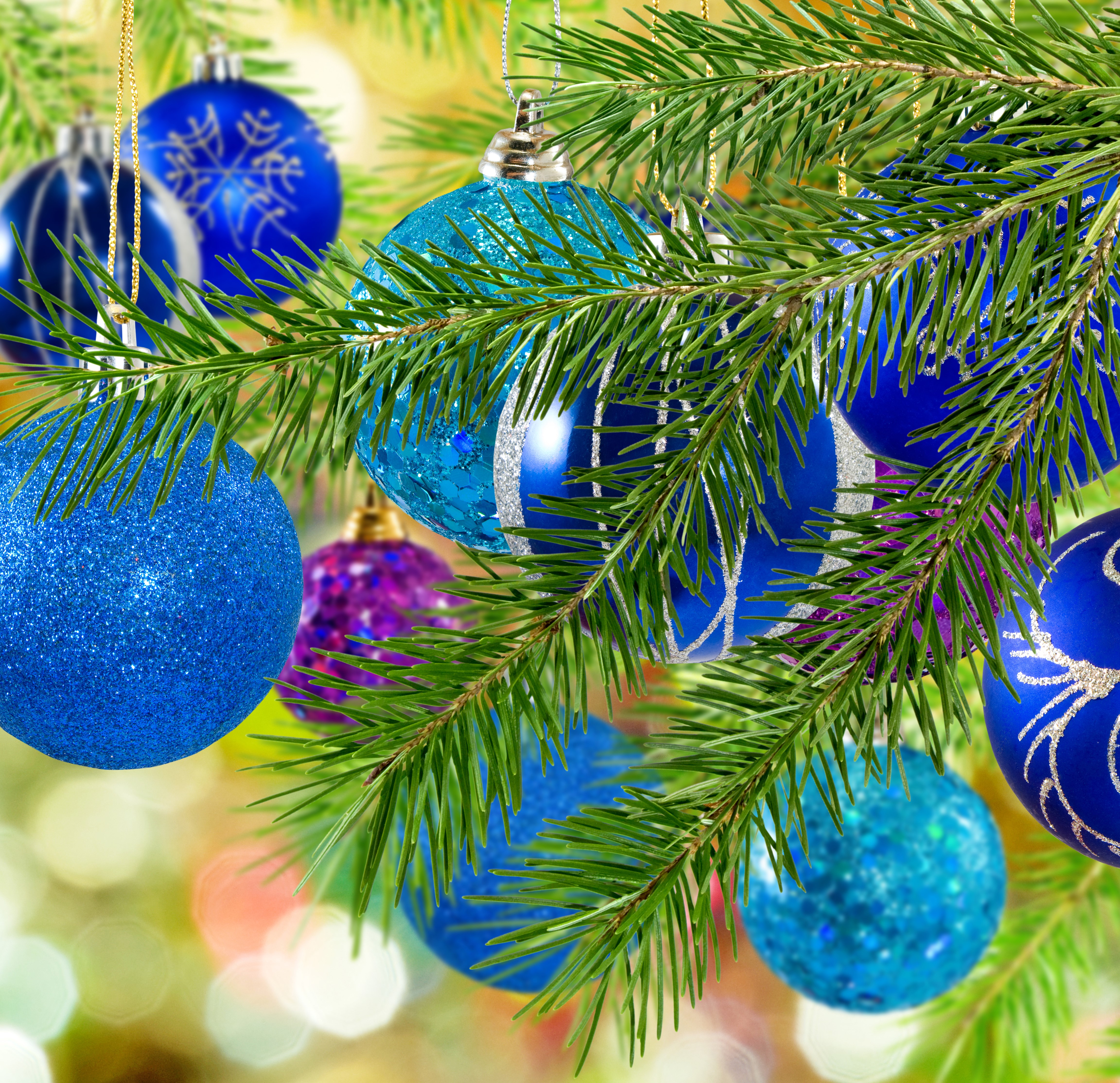 Christmas Ornaments on Fir Branches HD Wallpaper
