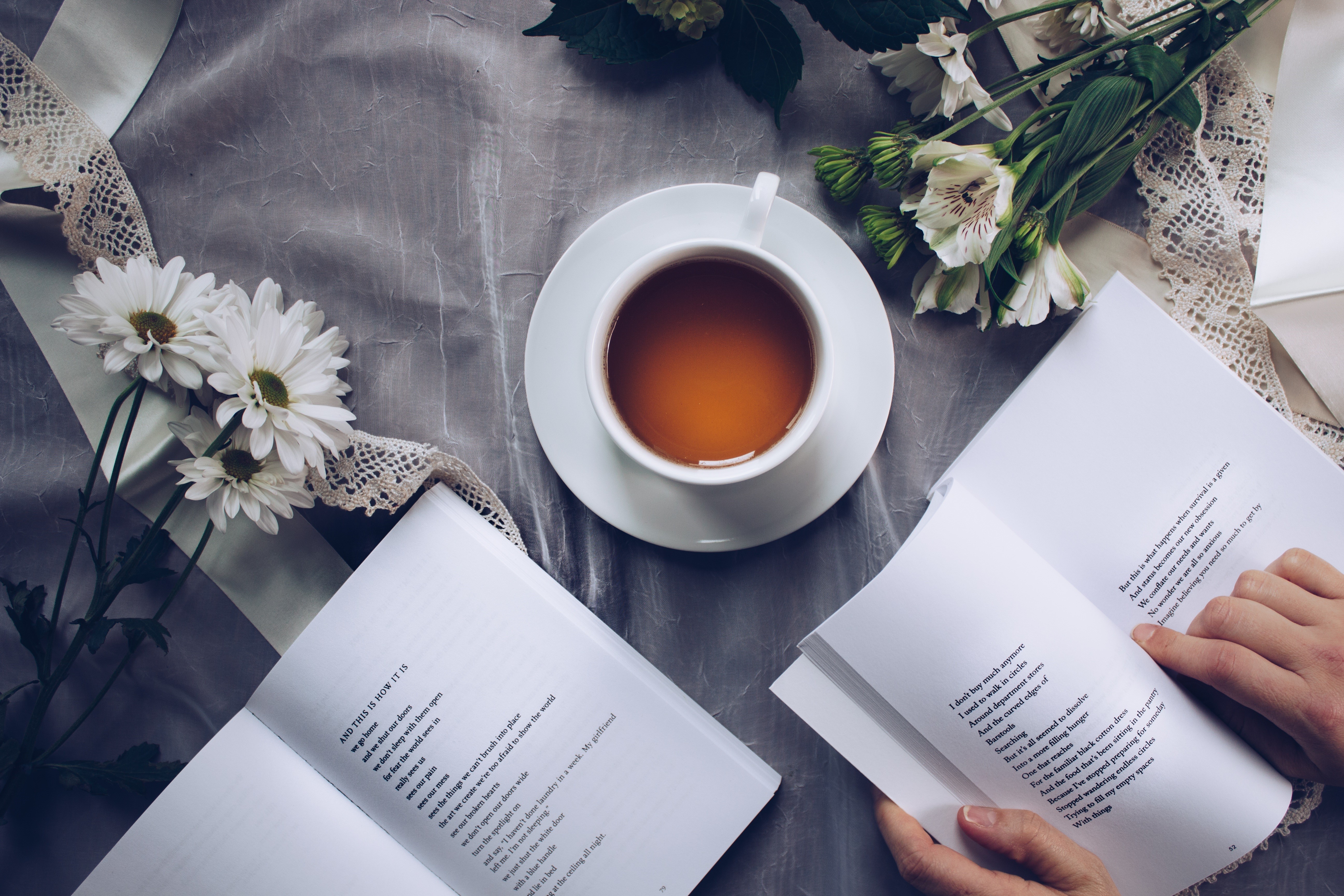 Tea cup and books with flowers HD Wallpaper