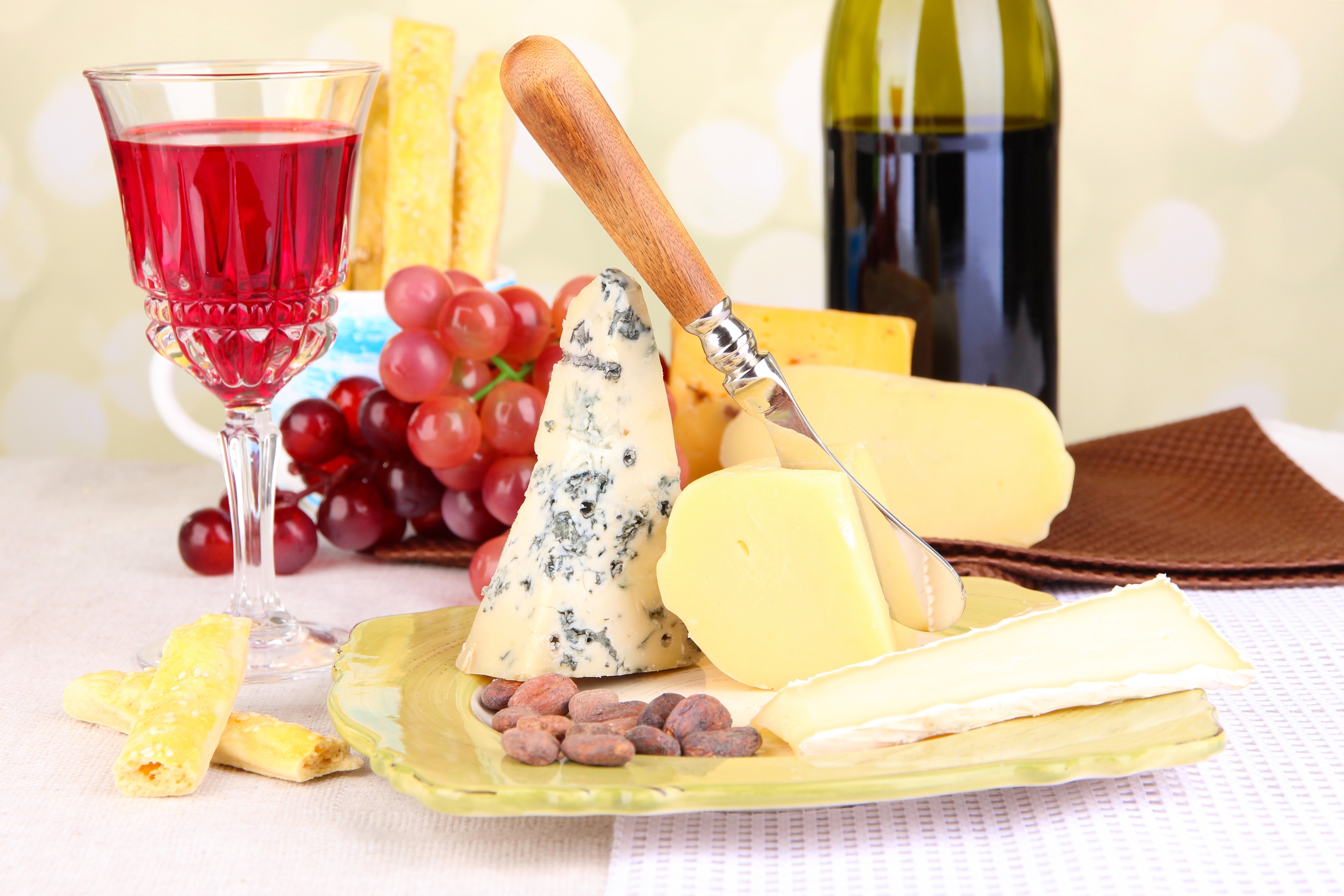 Wine and cheese still life with grapes and nuts HD Wallpaper