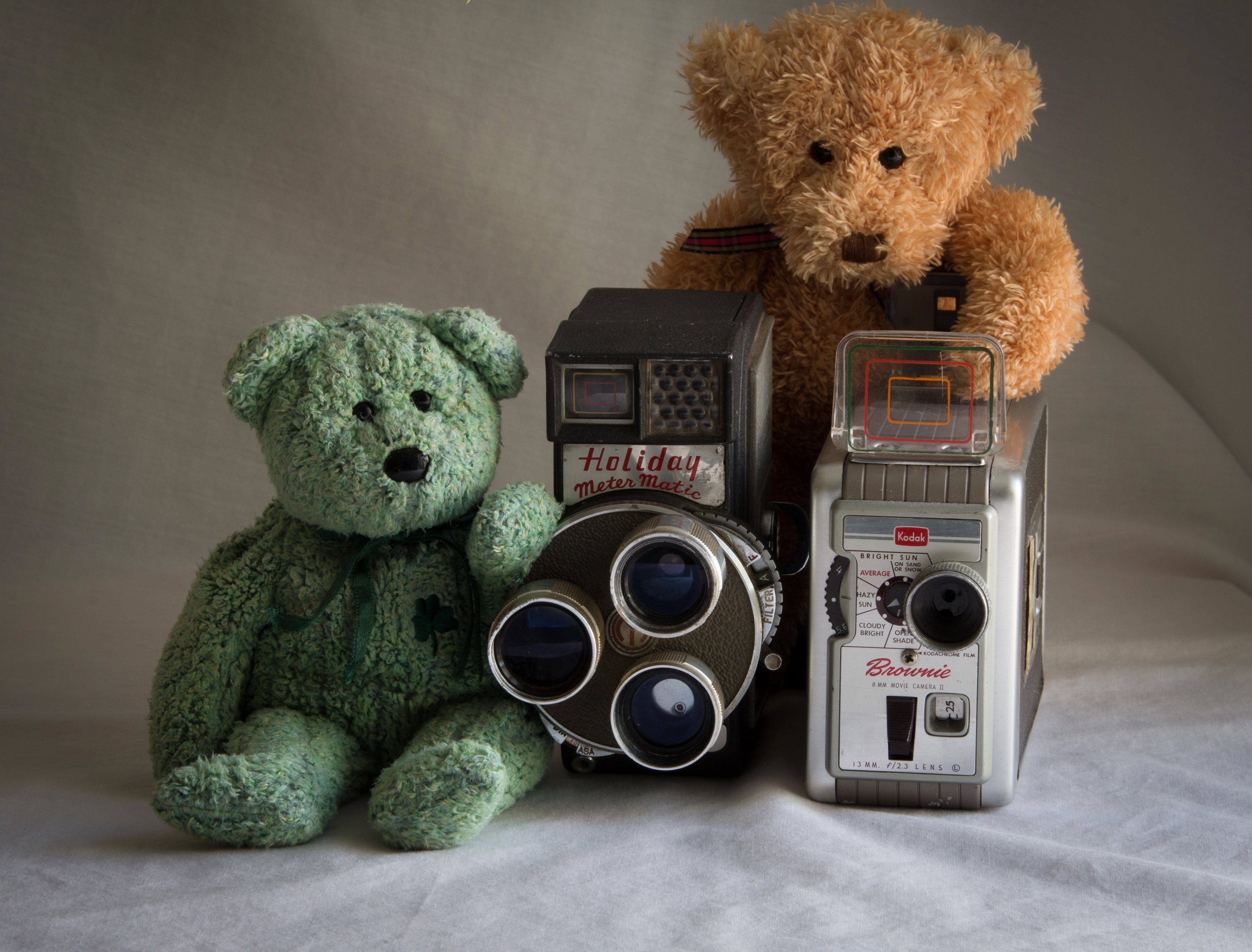 Two Teddy Bears and Vintage Cameras HD Wallpaper