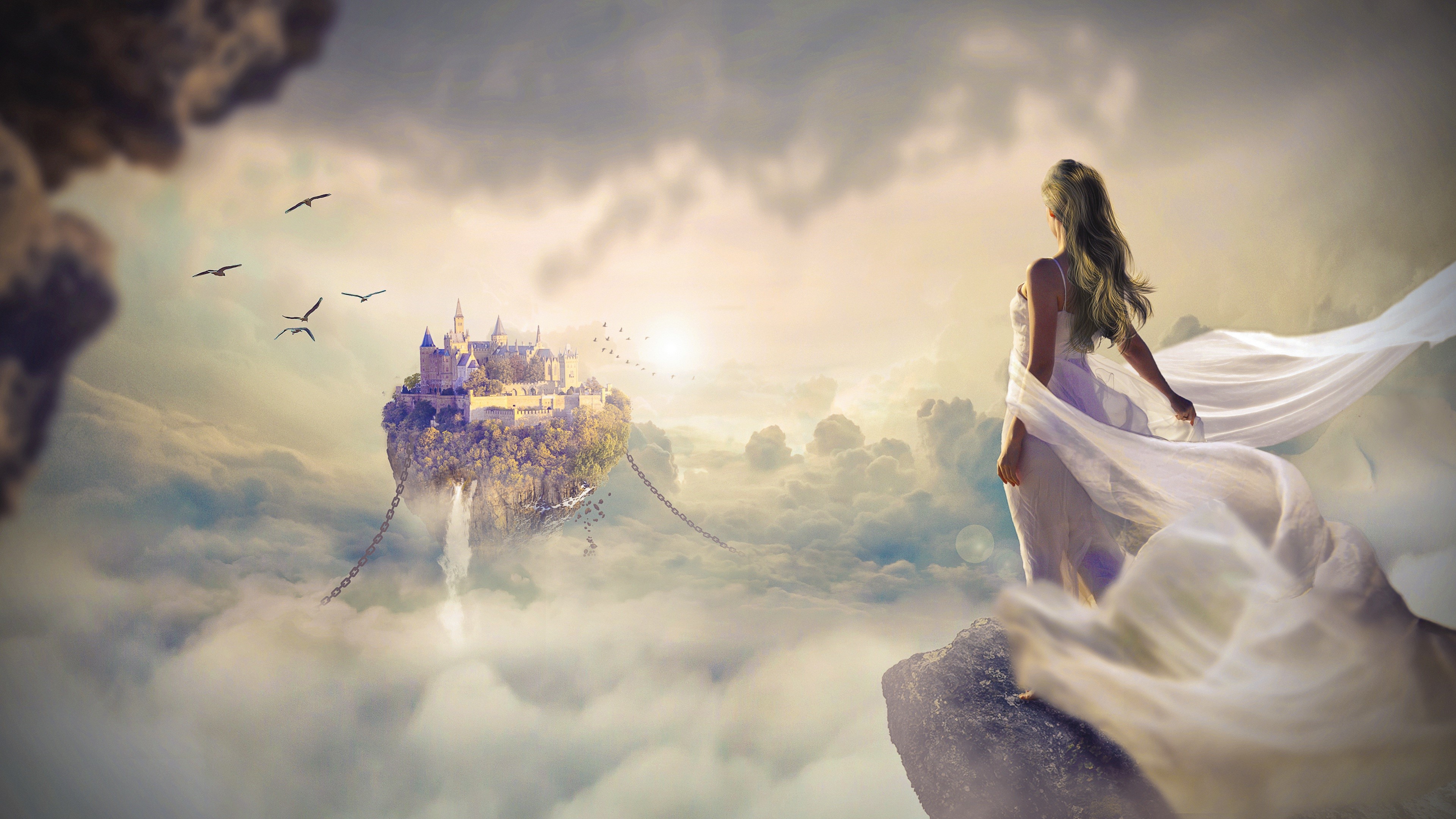 Woman in white dress looking at floating castle in clouds HD Wallpaper