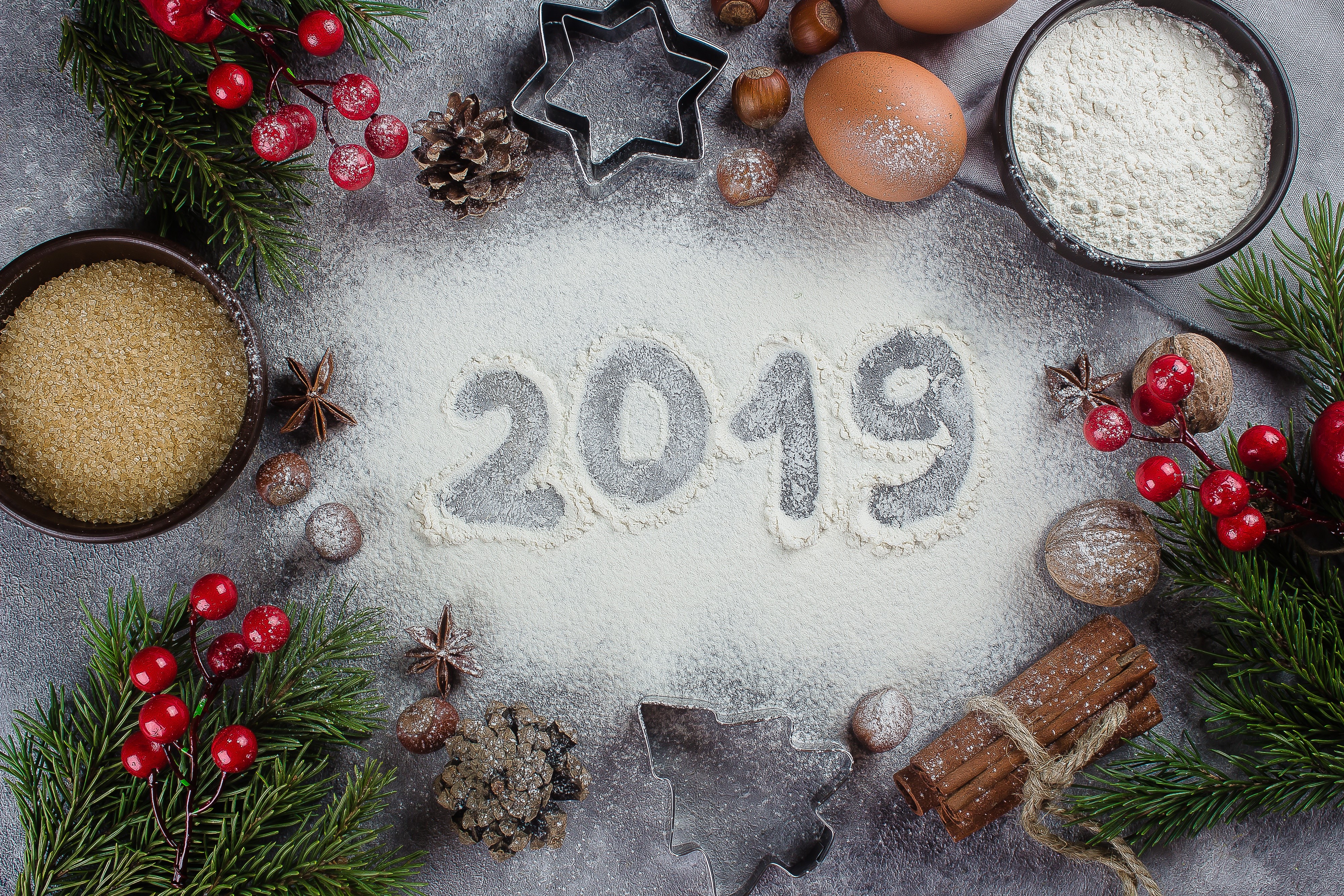 Christmas baking ingredients and 2019 written in flour HD Wallpaper