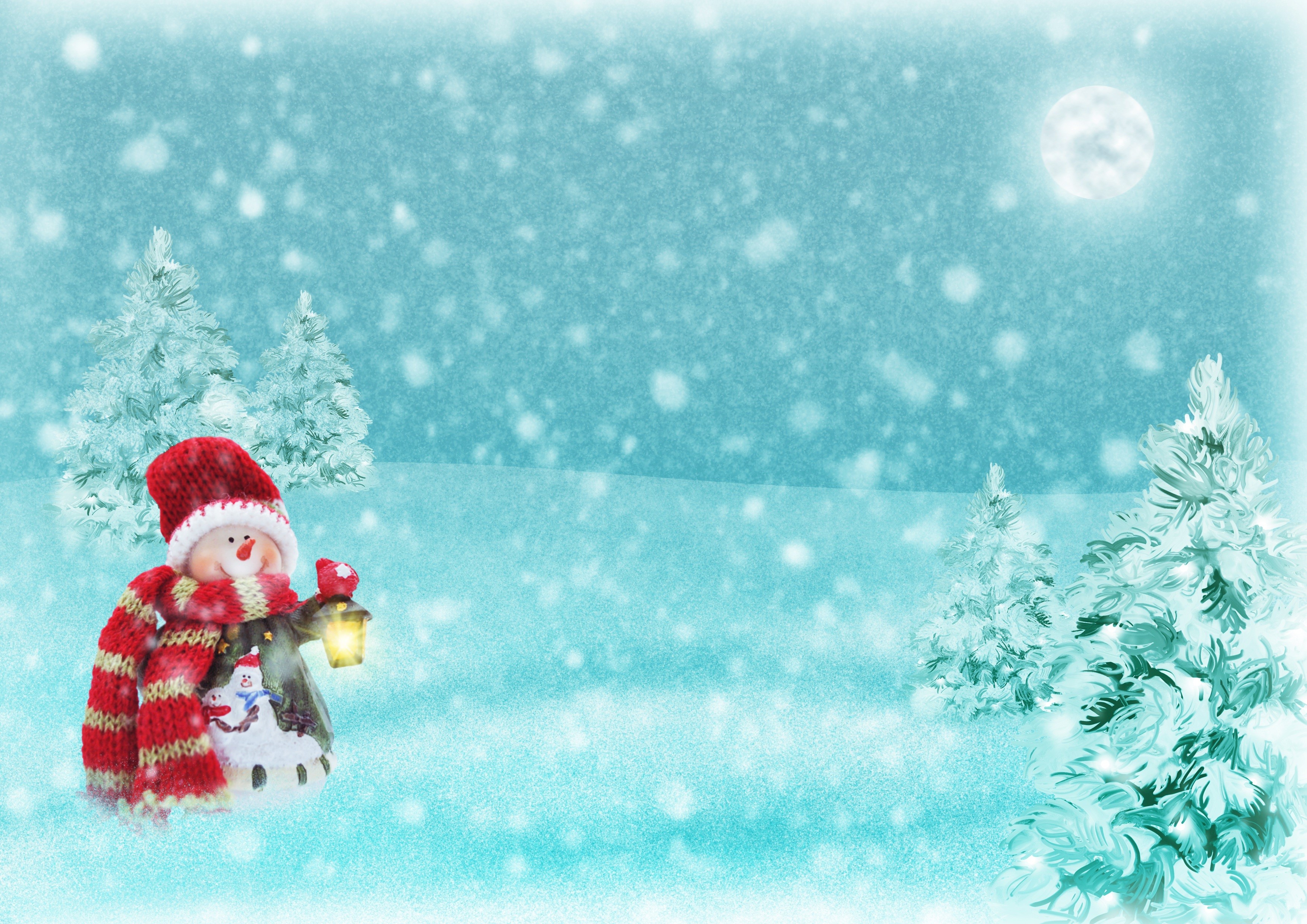 Snowman with lantern in a snowy winter landscape HD Wallpaper