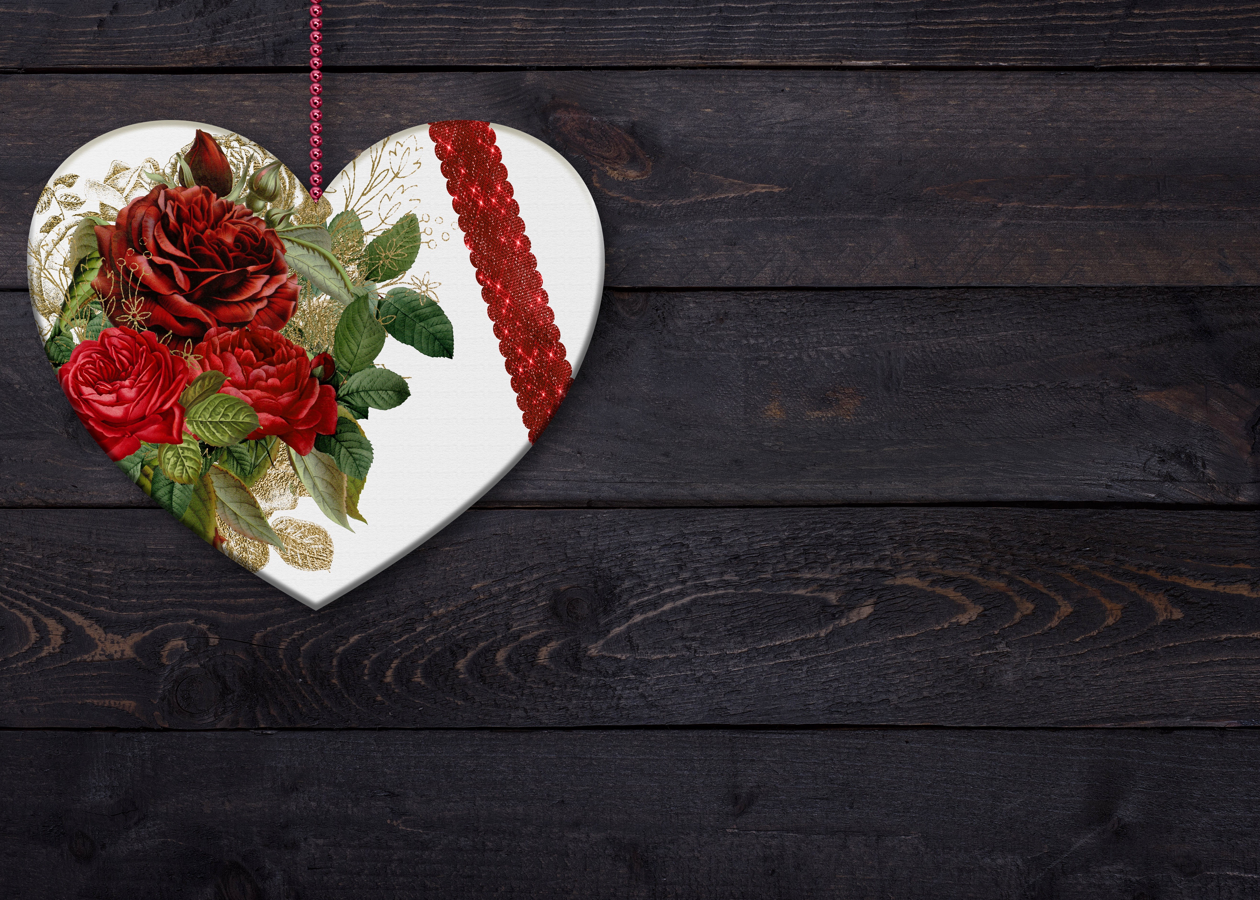 Heart with Roses and Glittering Ribbon HD Wallpaper