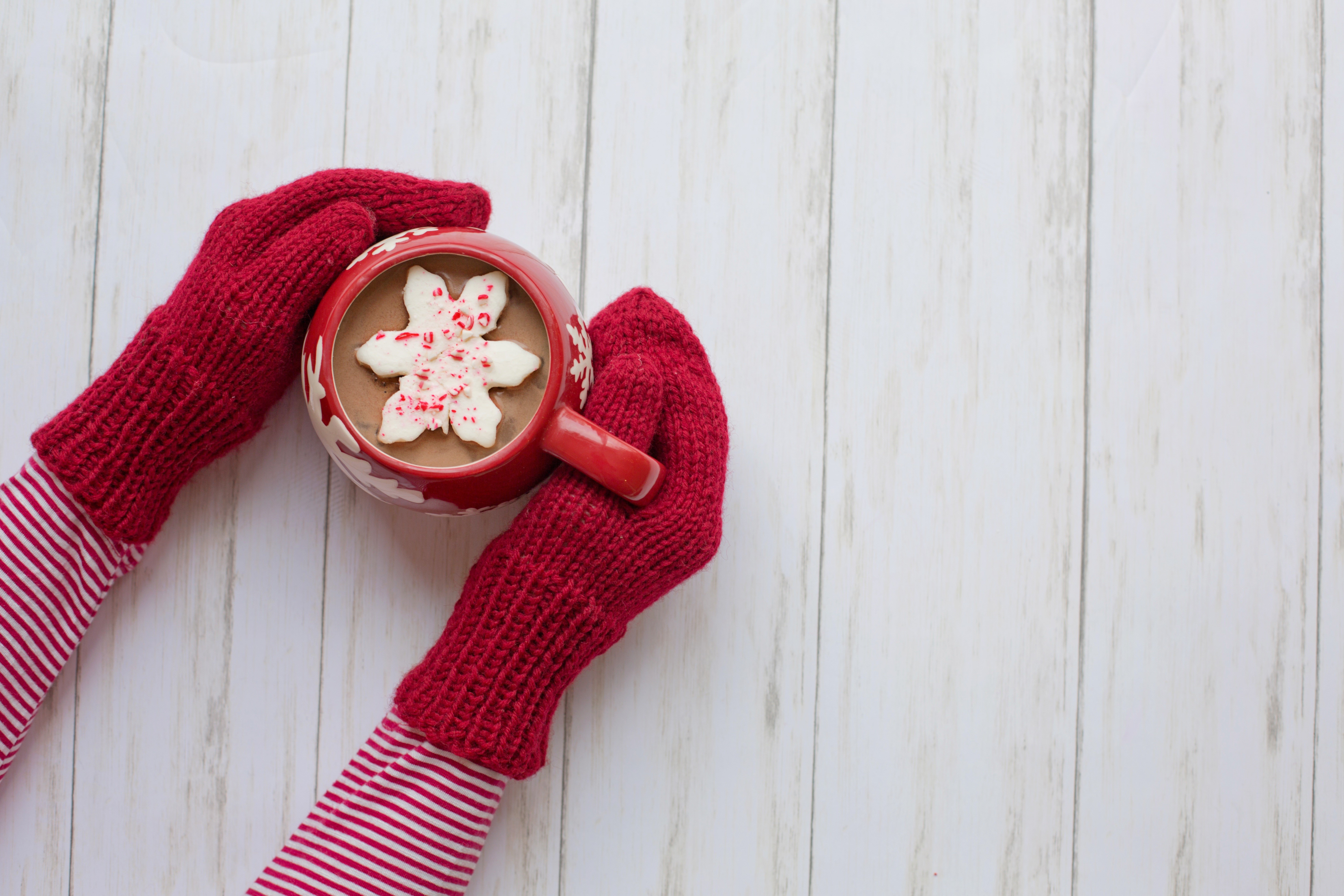 Hands in red mittens holding a mug of hot chocolate with a cookie HD Wallpaper