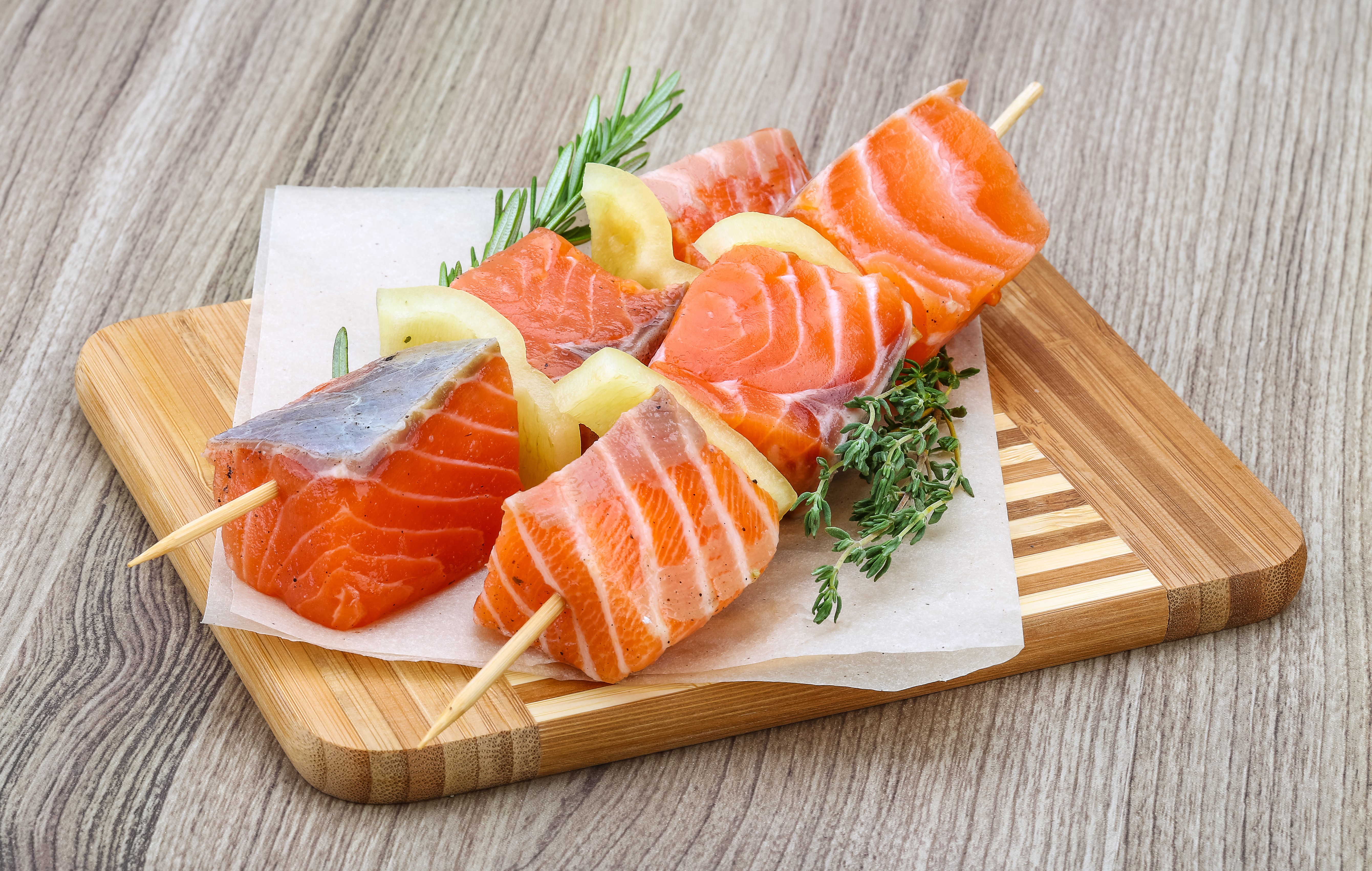 Salmon Shashlik on a Cutting Board HD Wallpaper