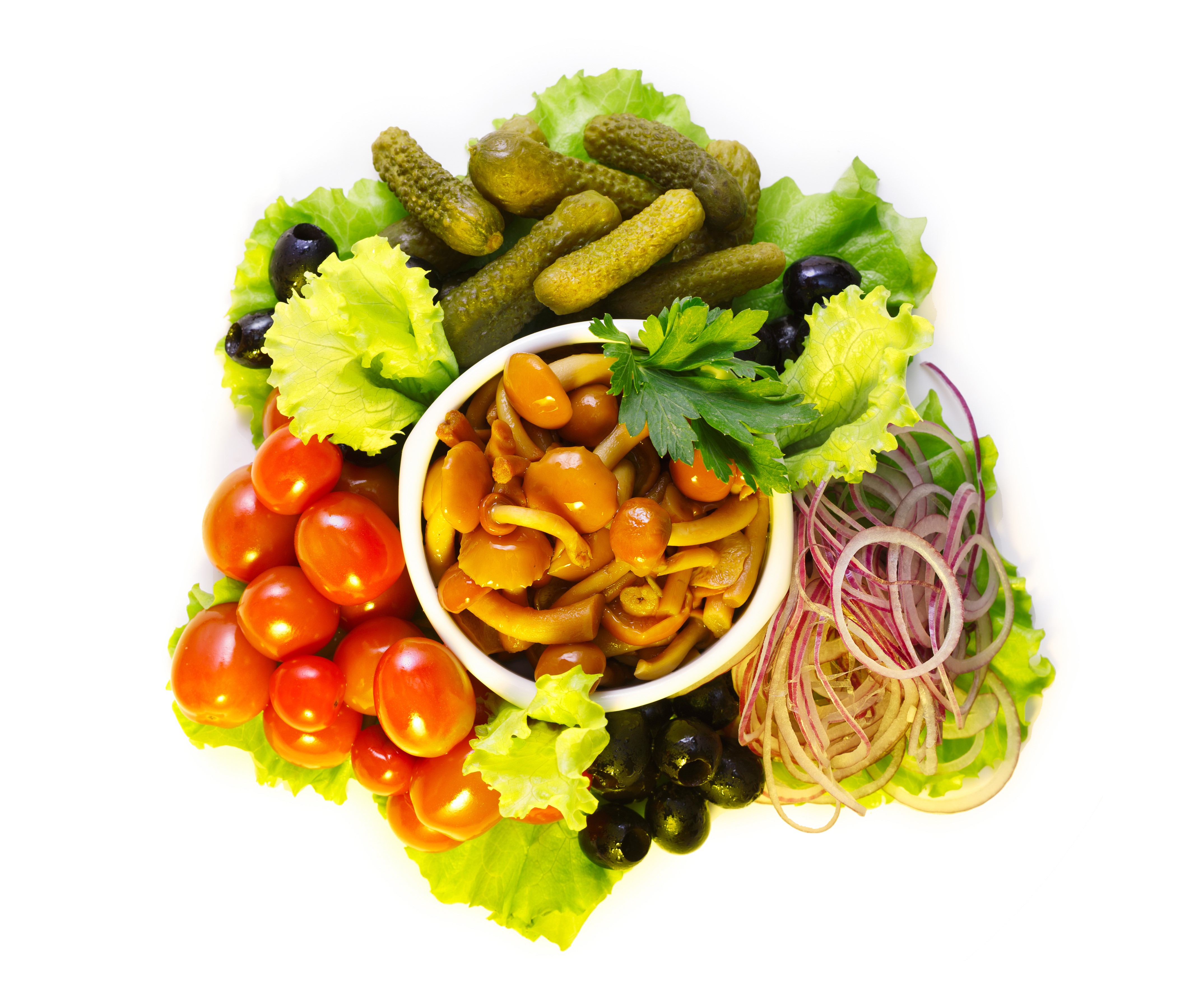 Vegetable and Mushroom Platter with Tomatoes, Cucumbers, Olives, and Onion HD Wallpaper