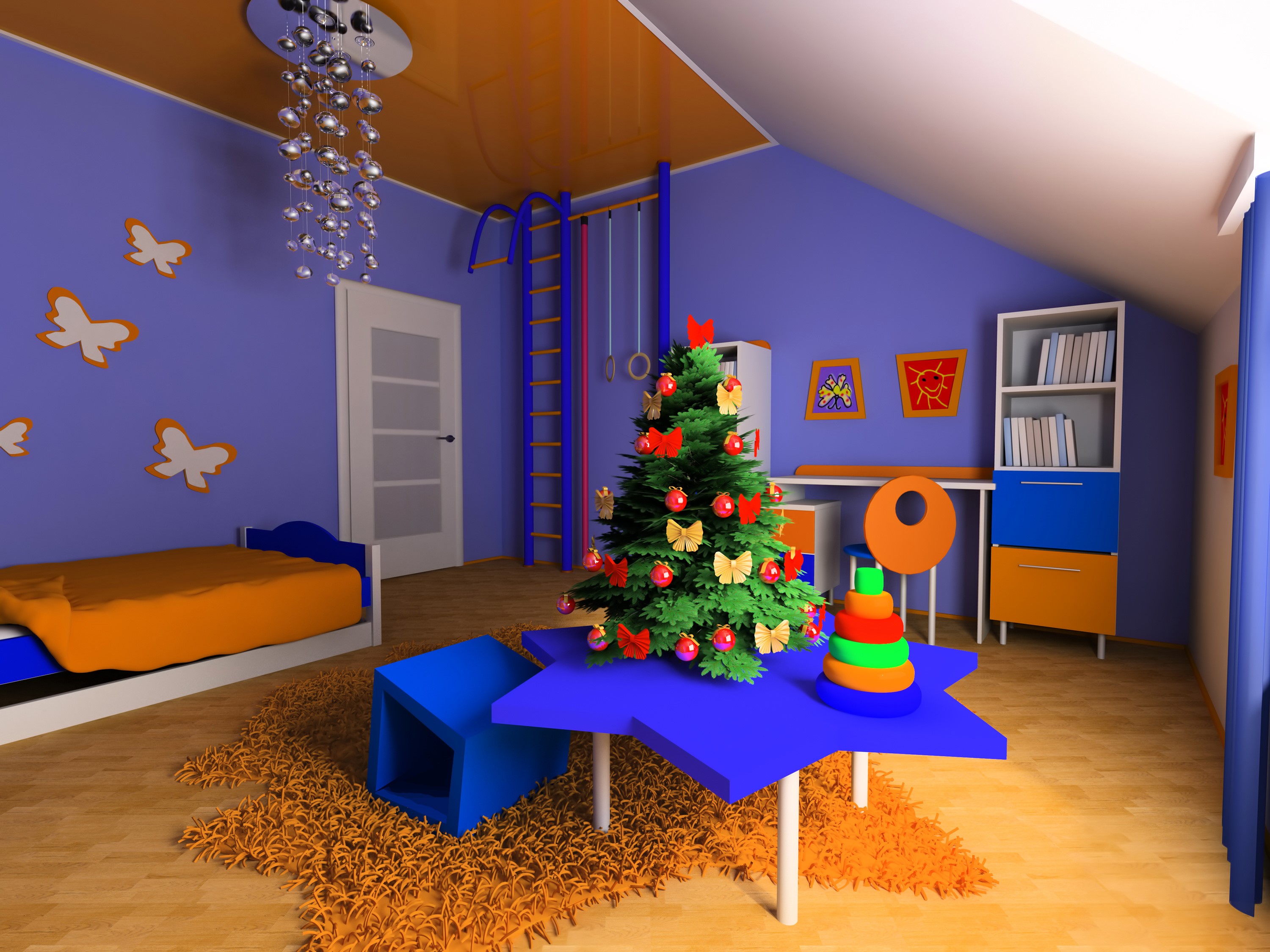 Children's room with Christmas tree and bed HD Wallpaper
