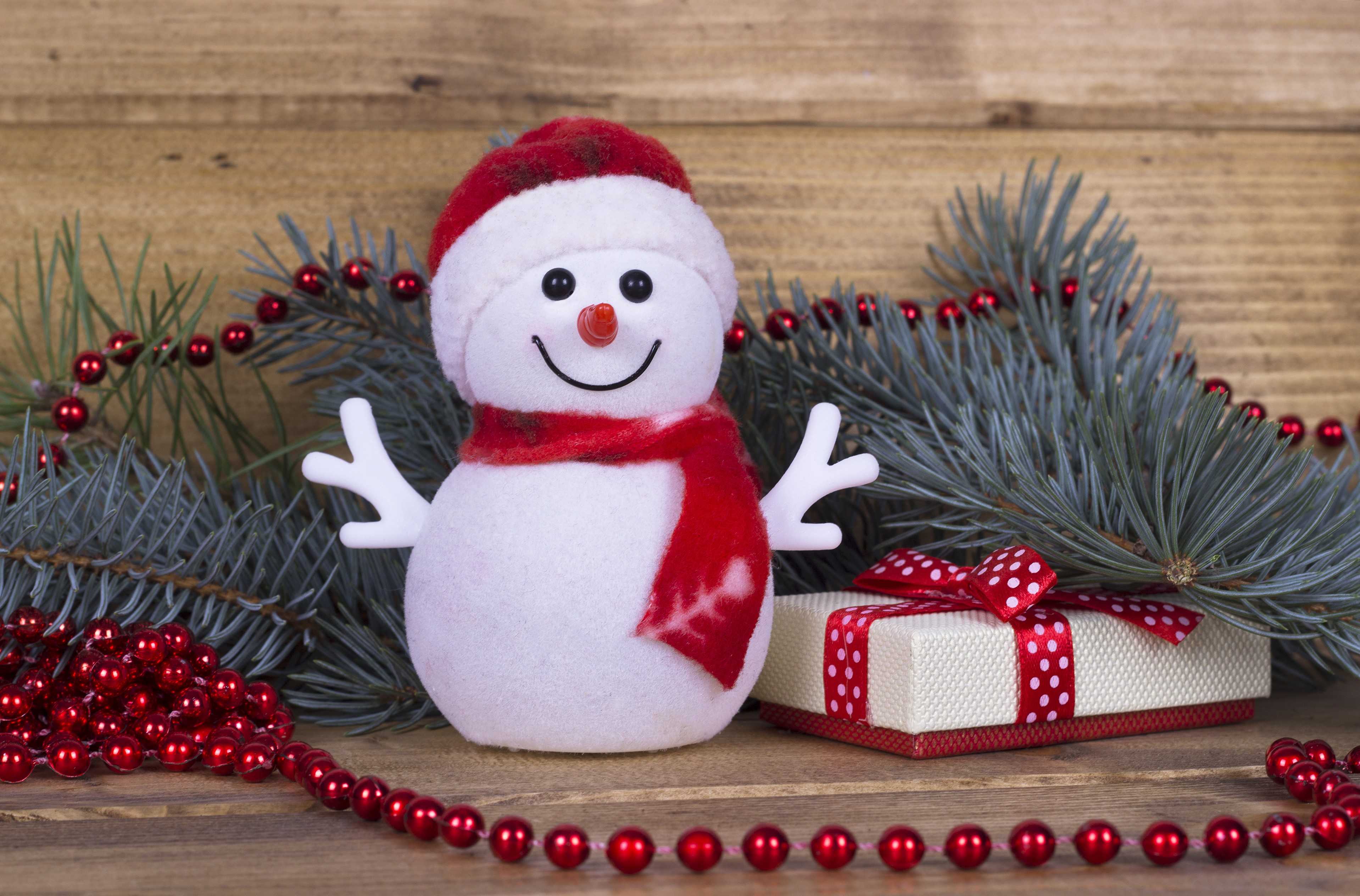 Christmas snowman with gift and pine branches HD Wallpaper