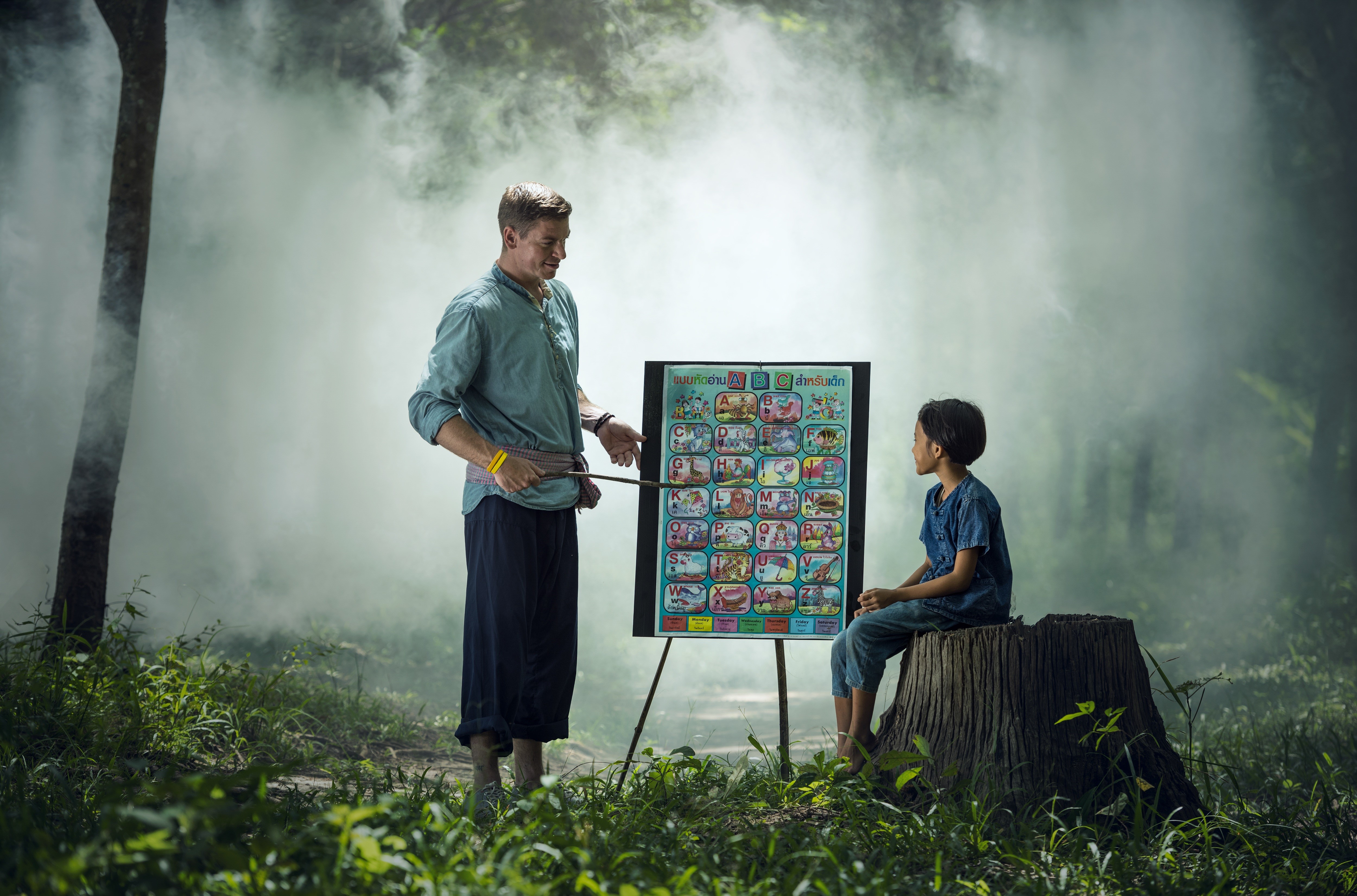 Man teaching a child in a forest HD Wallpaper