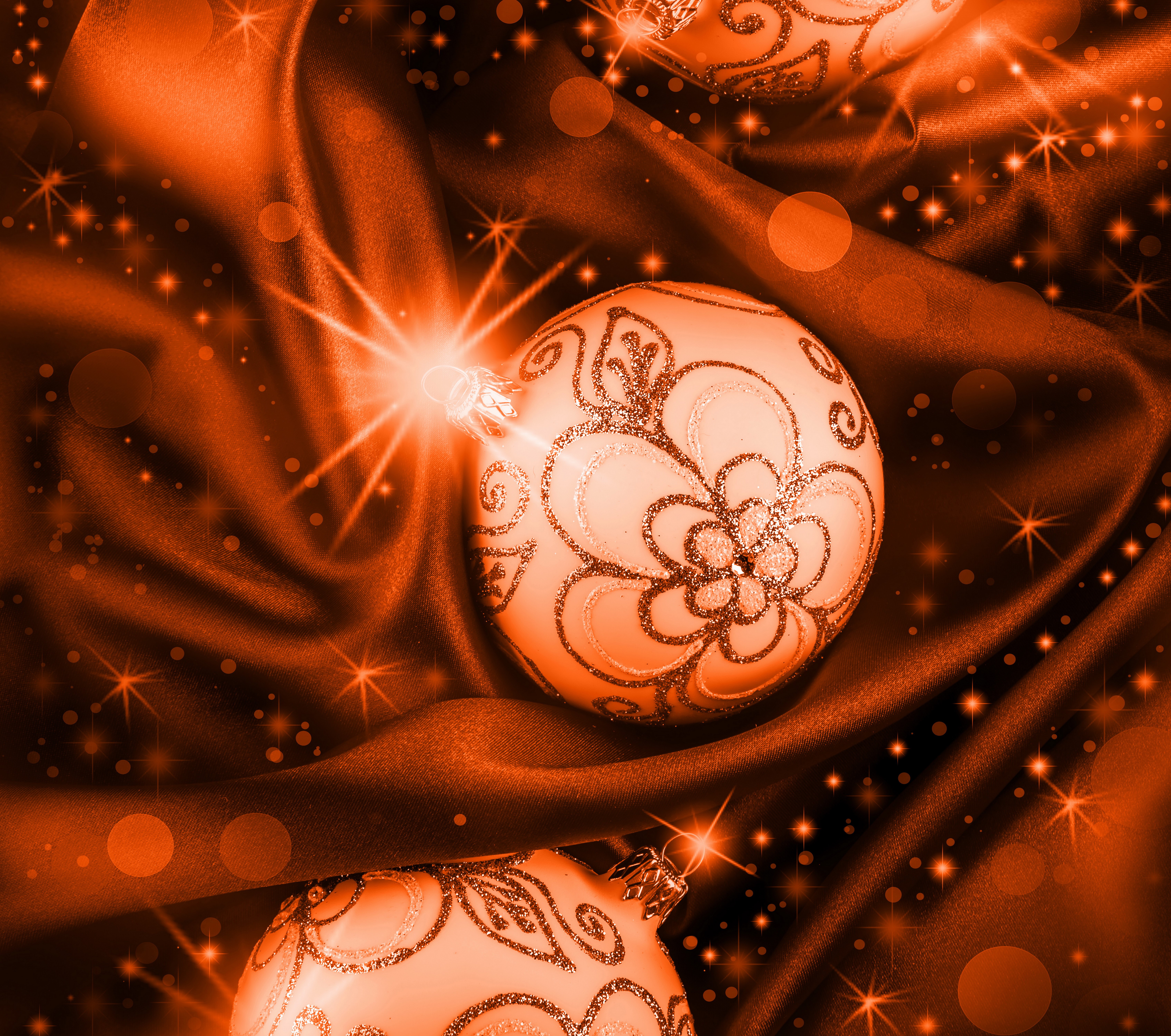 Christmas Balls with Light Rays on Orange Fabric HD Wallpaper