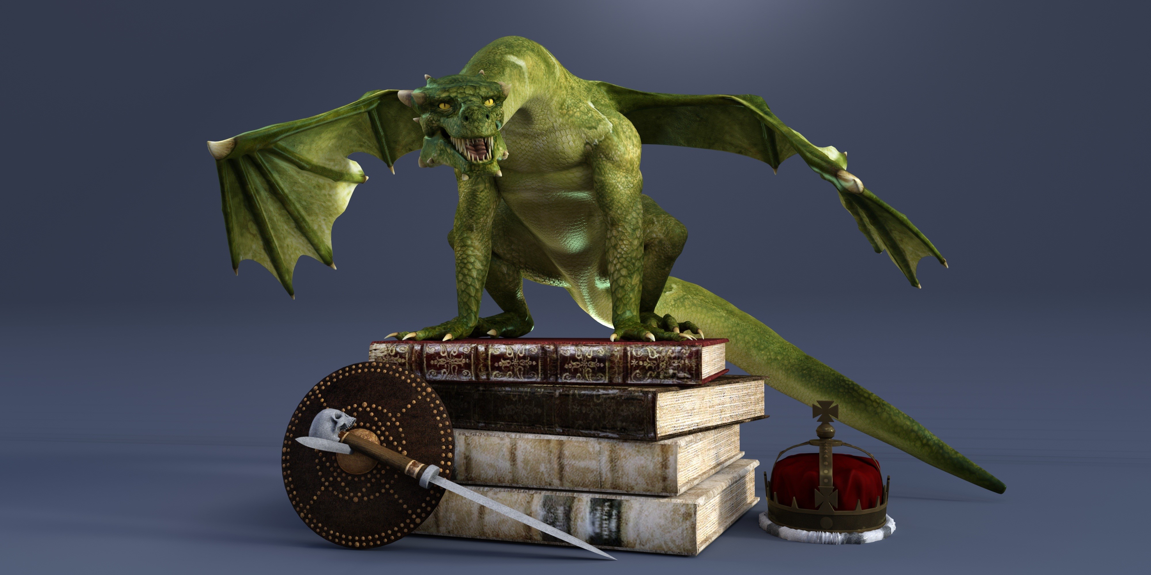 Green dragon on books with crown and sword HD Wallpaper