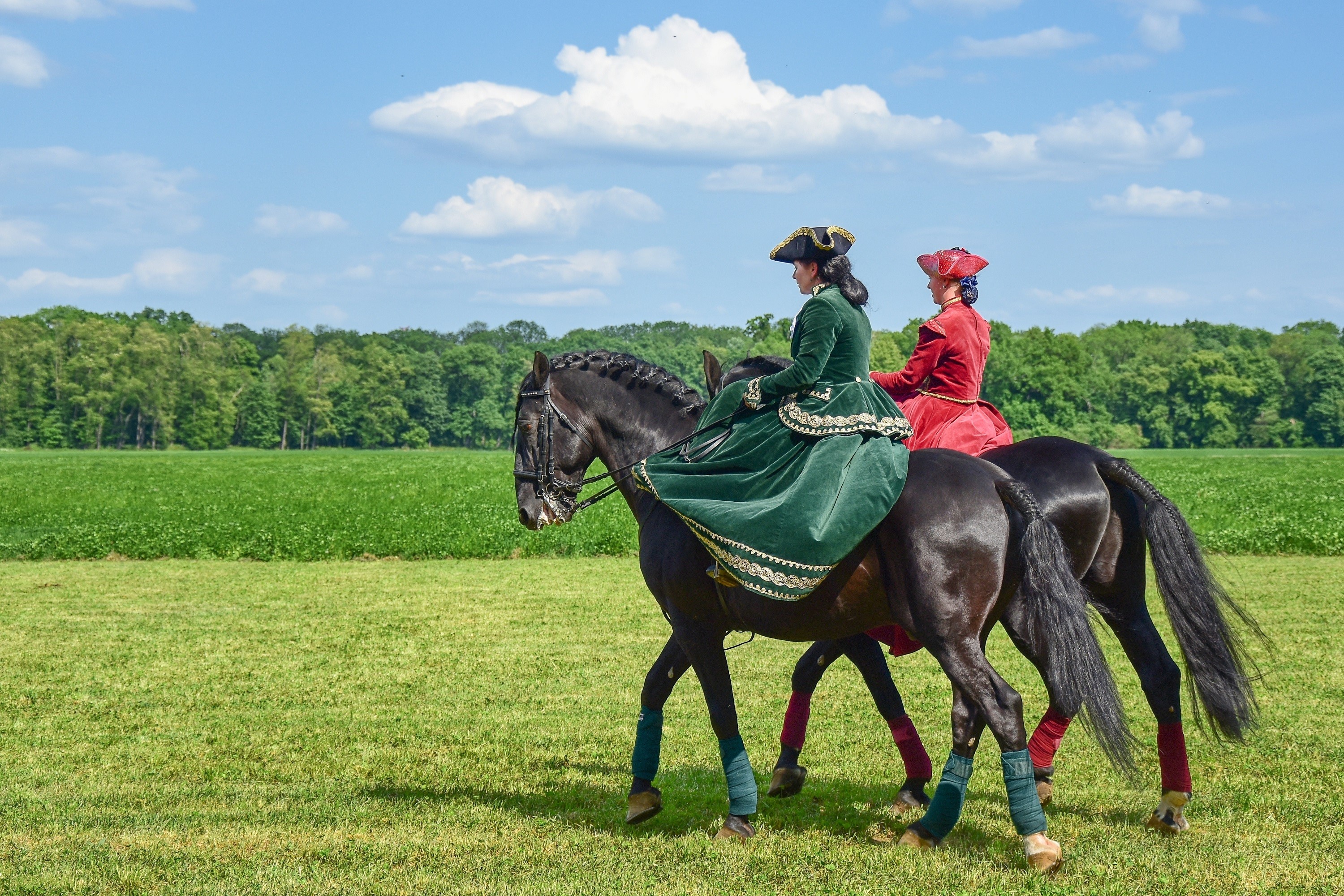 Two women in historical attire riding horses HD Wallpaper