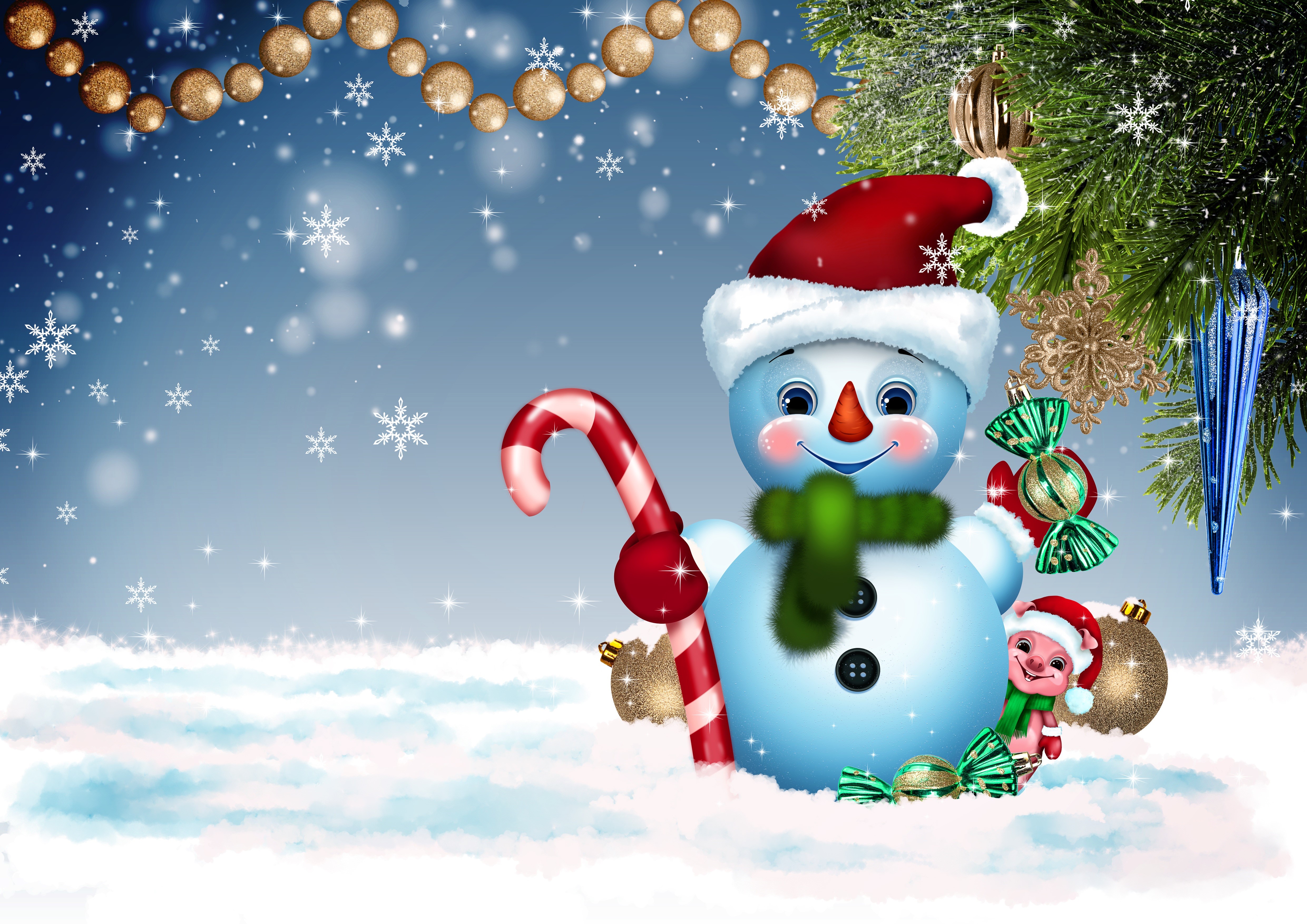 Christmas Snowman with Candy Cane and Piglet HD Wallpaper