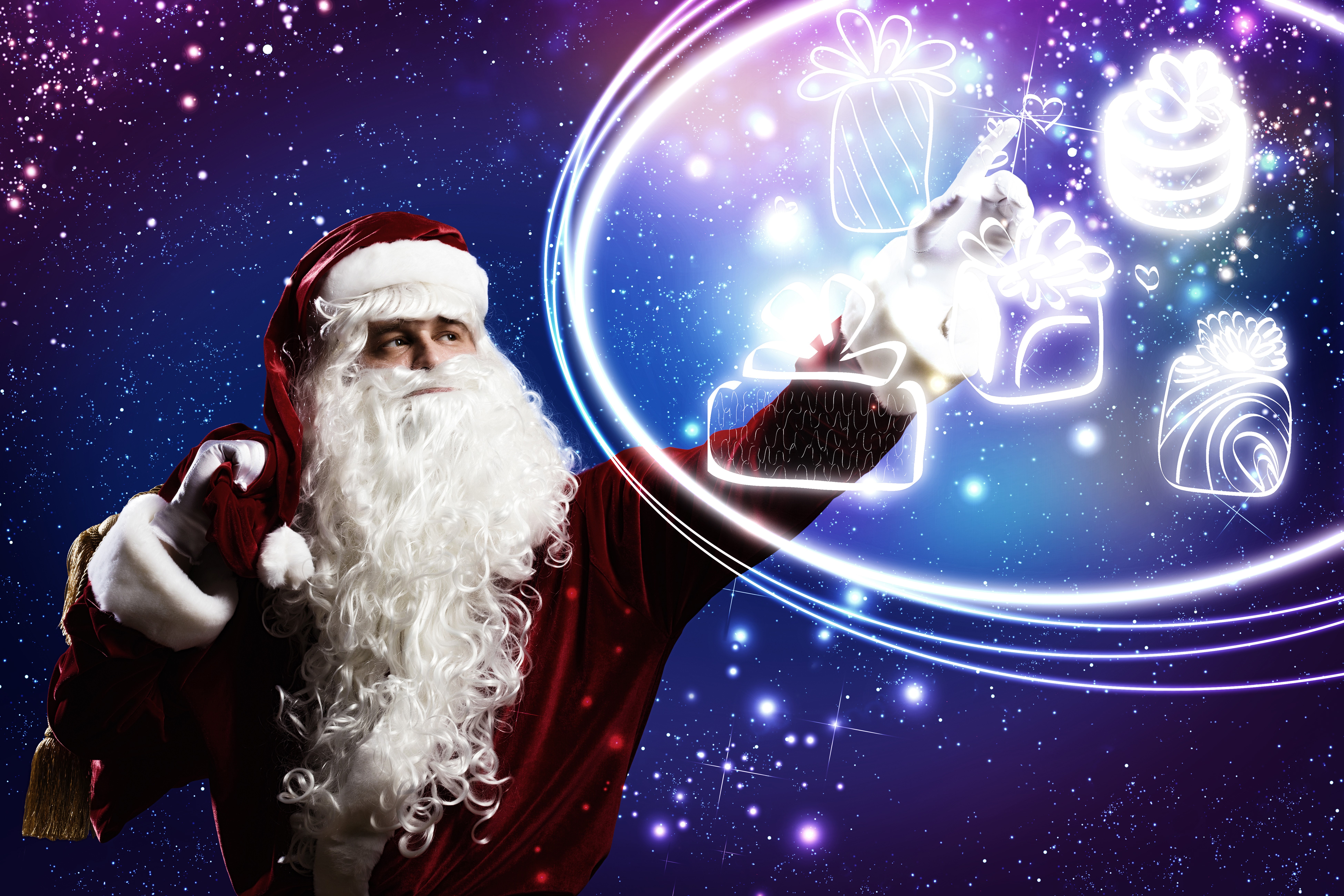 Santa Claus with glowing gifts in starry sky HD Wallpaper