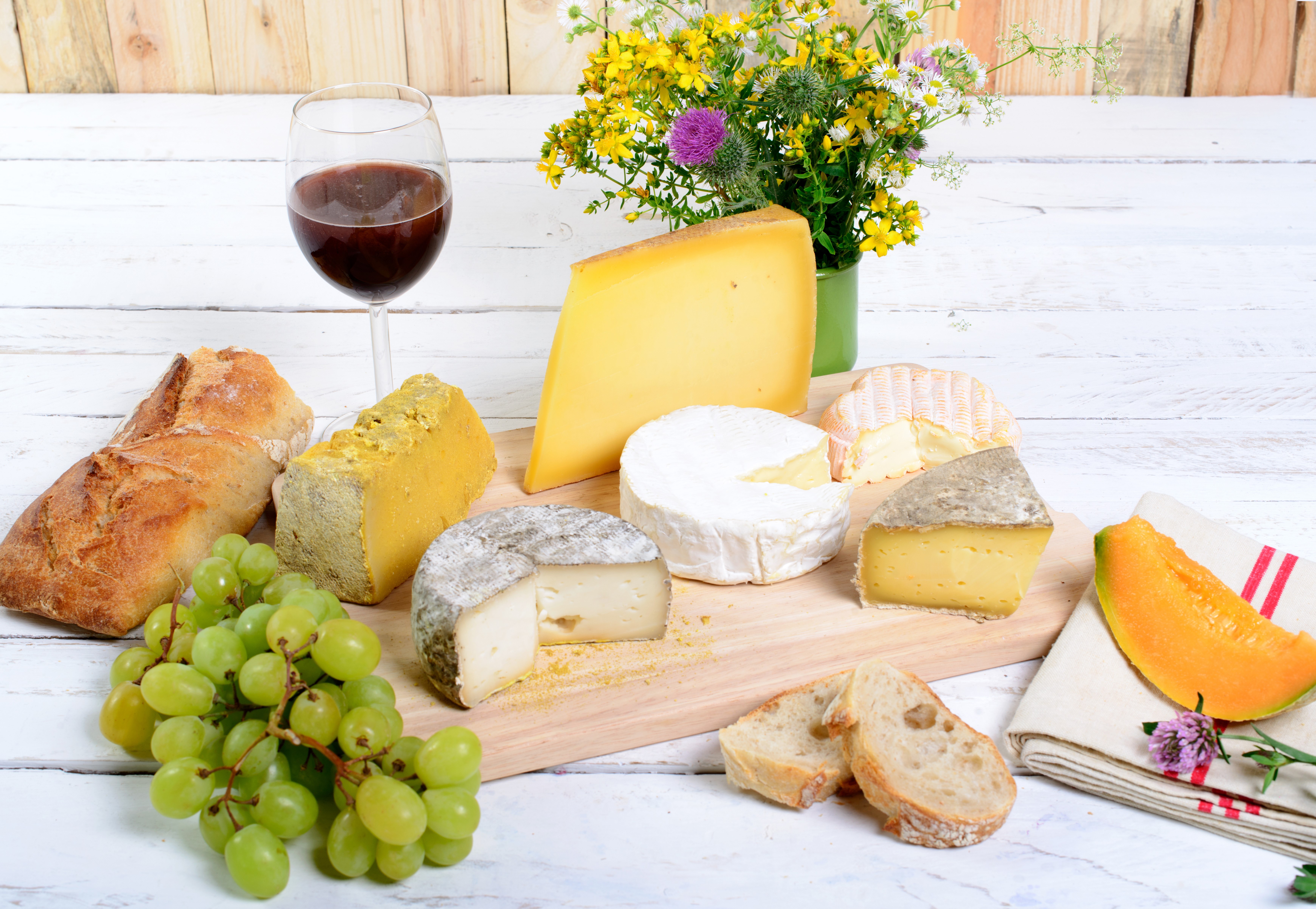 Cheese, Wine, Grapes, Bread, and Flowers Still Life HD Wallpaper