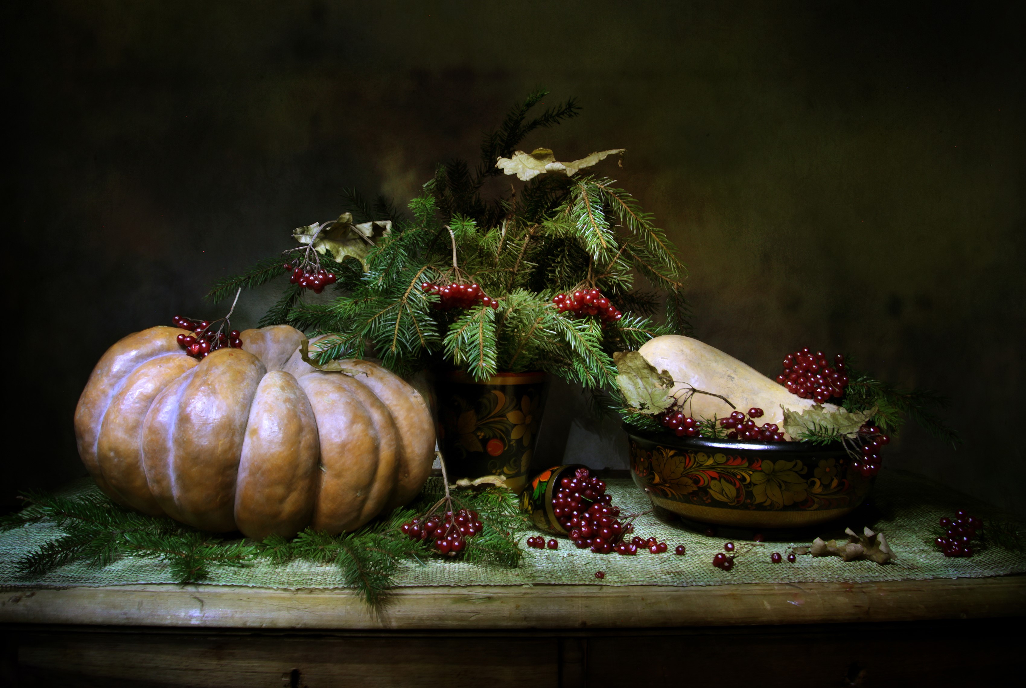 Still-life with pumpkin, sorbus, and branches HD Wallpaper
