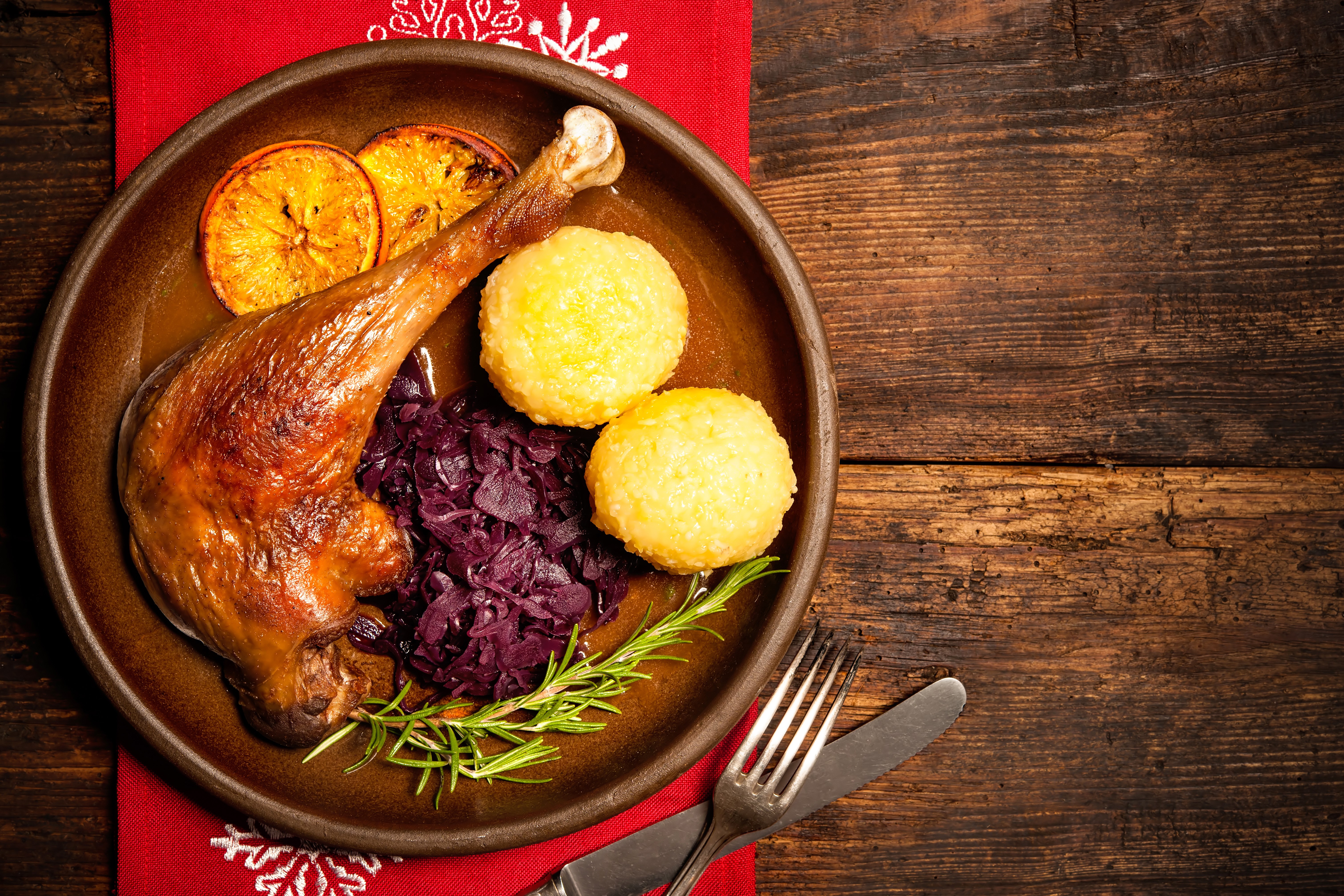 Roast Duck with Red Cabbage and Dumplings HD Wallpaper