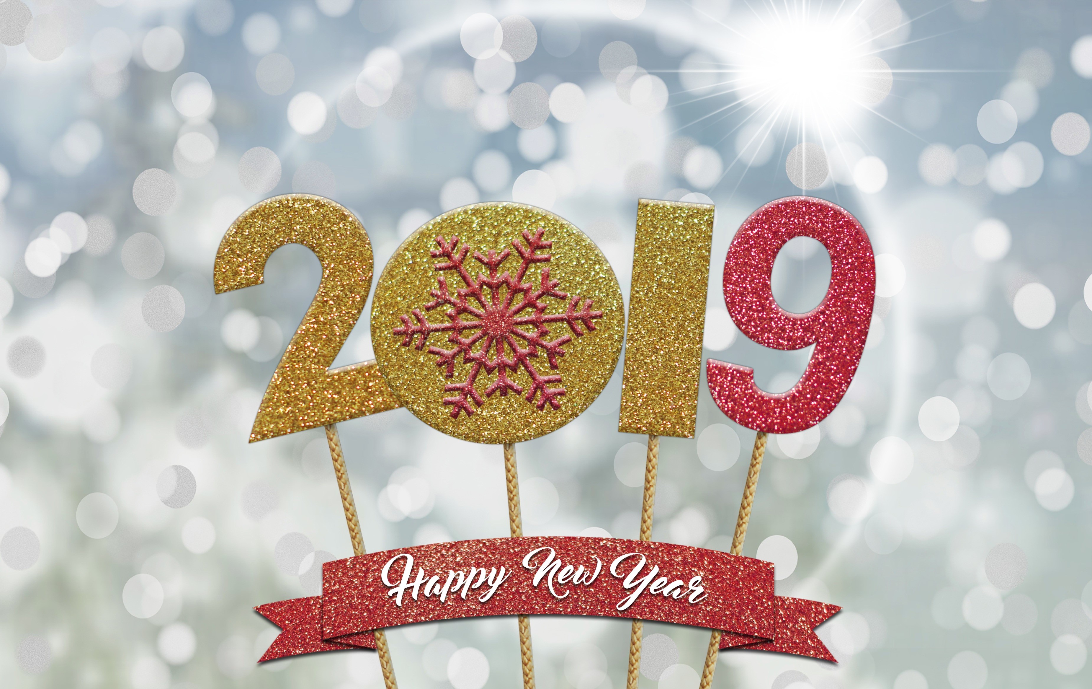 Happy New Year 2019 Glitter Numbers with Snowflake HD Wallpaper