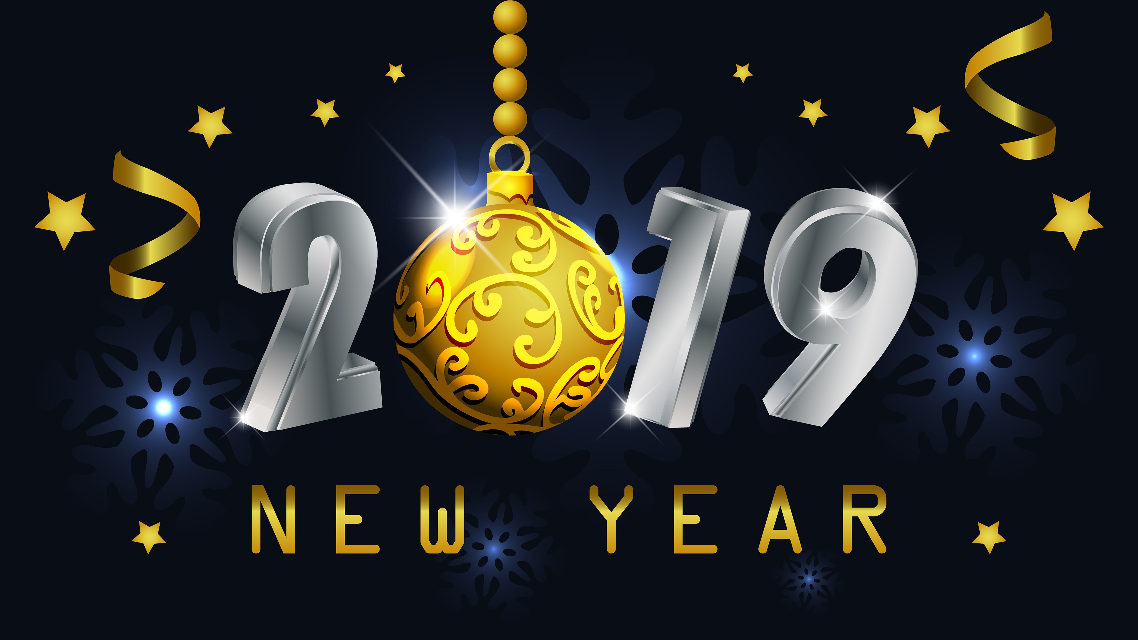 2019 New Year Celebration with Ornaments and Stars HD Wallpaper