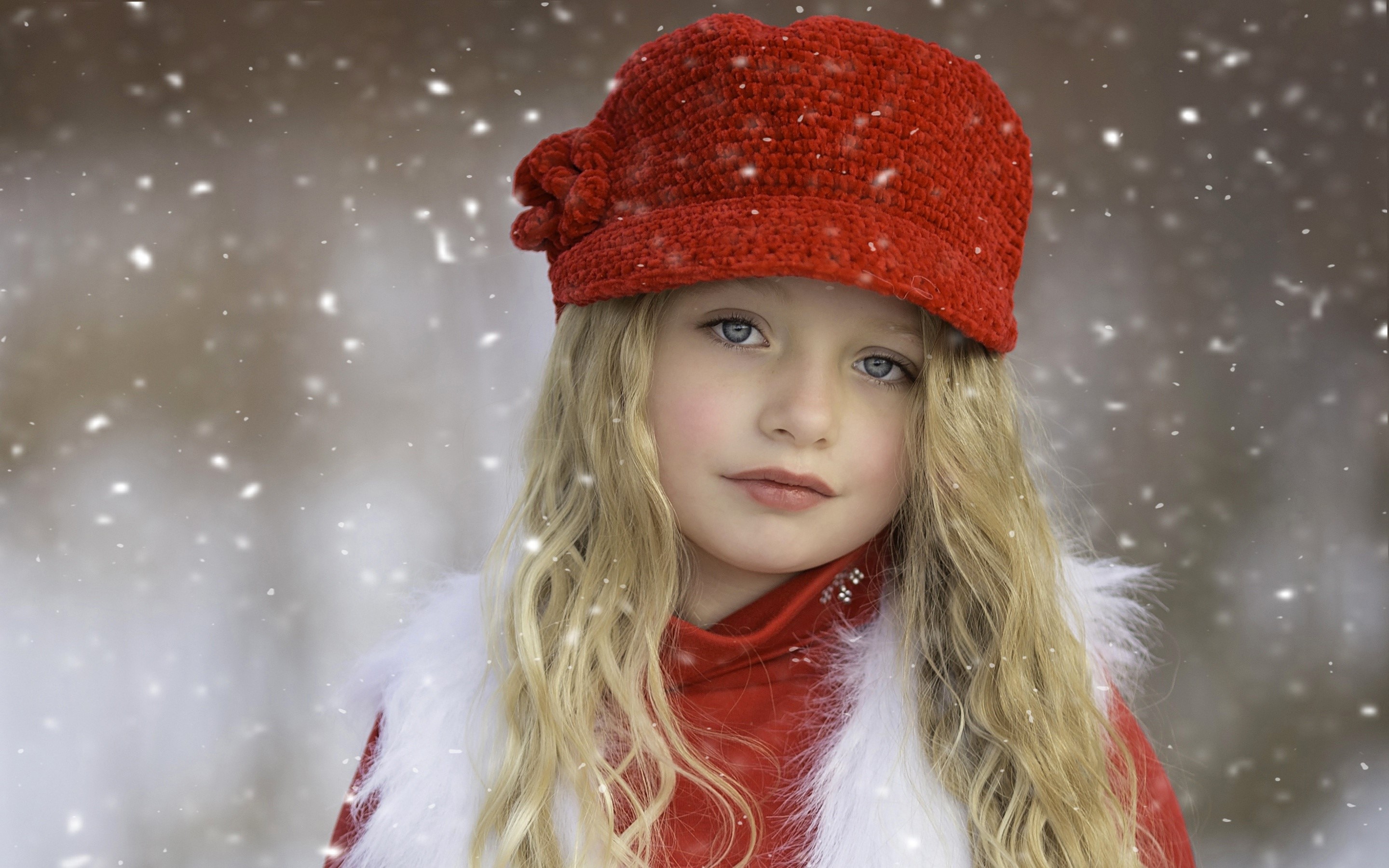 Blonde Girl Wearing Red Winter Hat in Snow HD Wallpaper