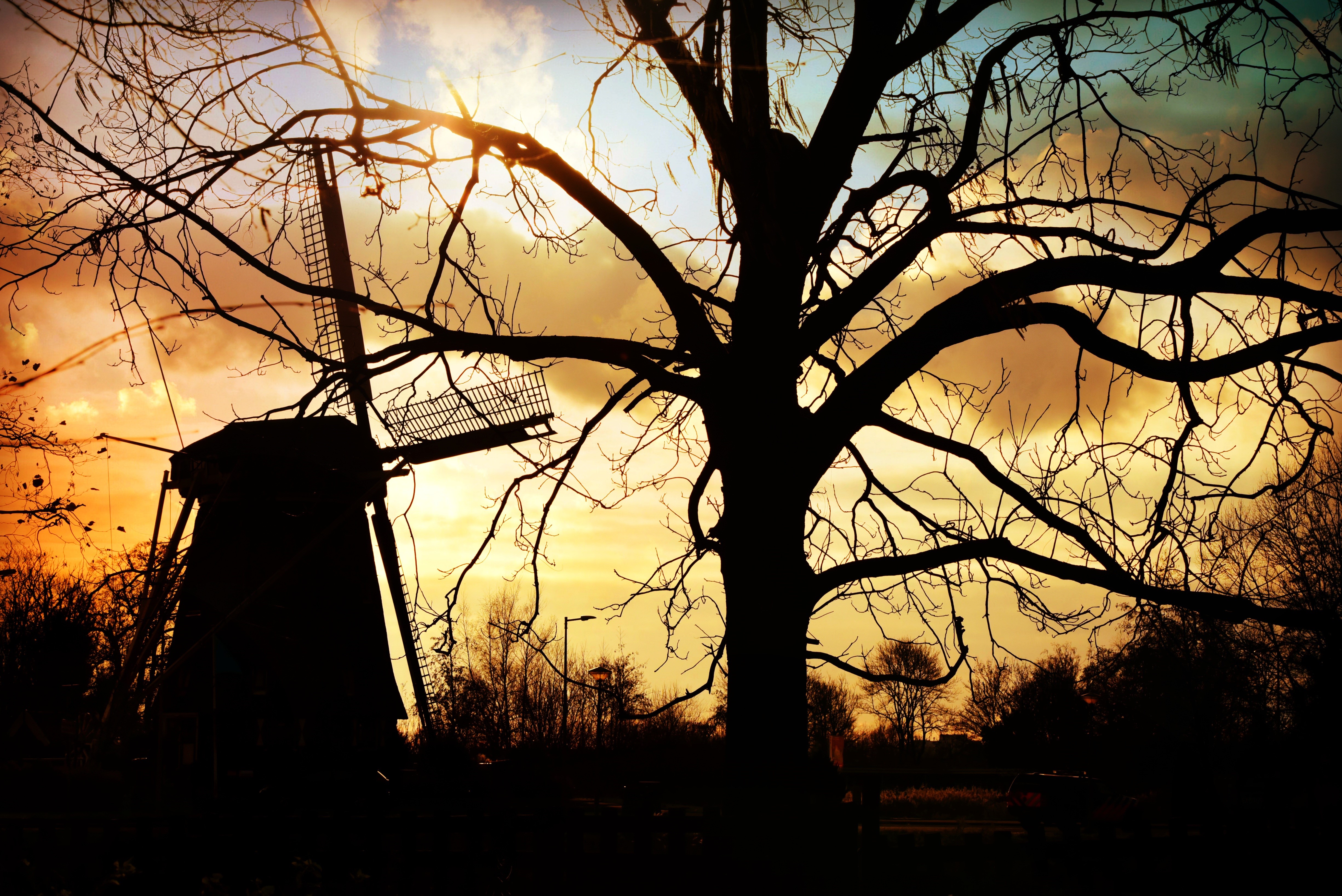 Silhouette of a windmill and tree at sunset HD Wallpaper