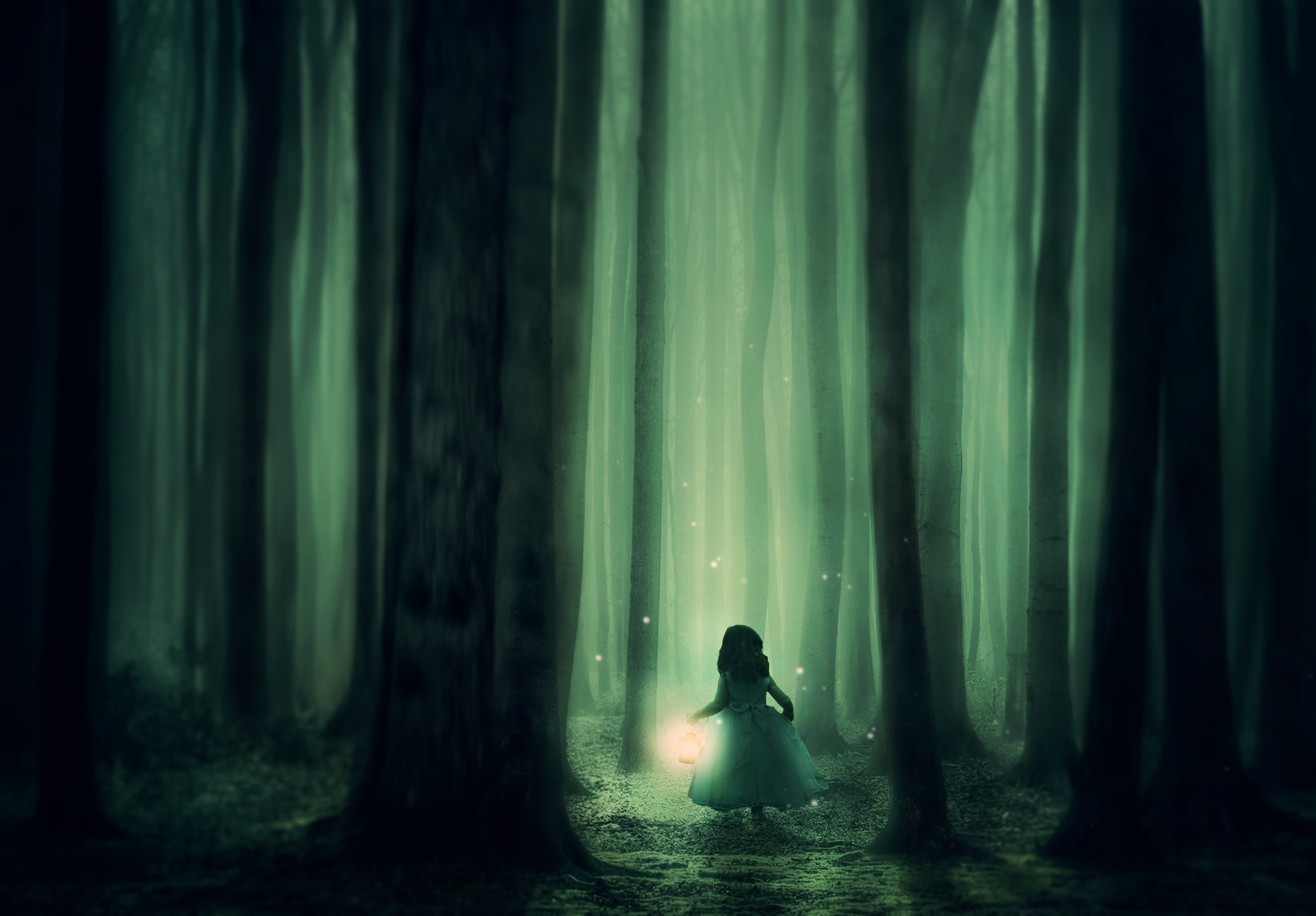 Girl with lantern in a foggy forest HD Wallpaper