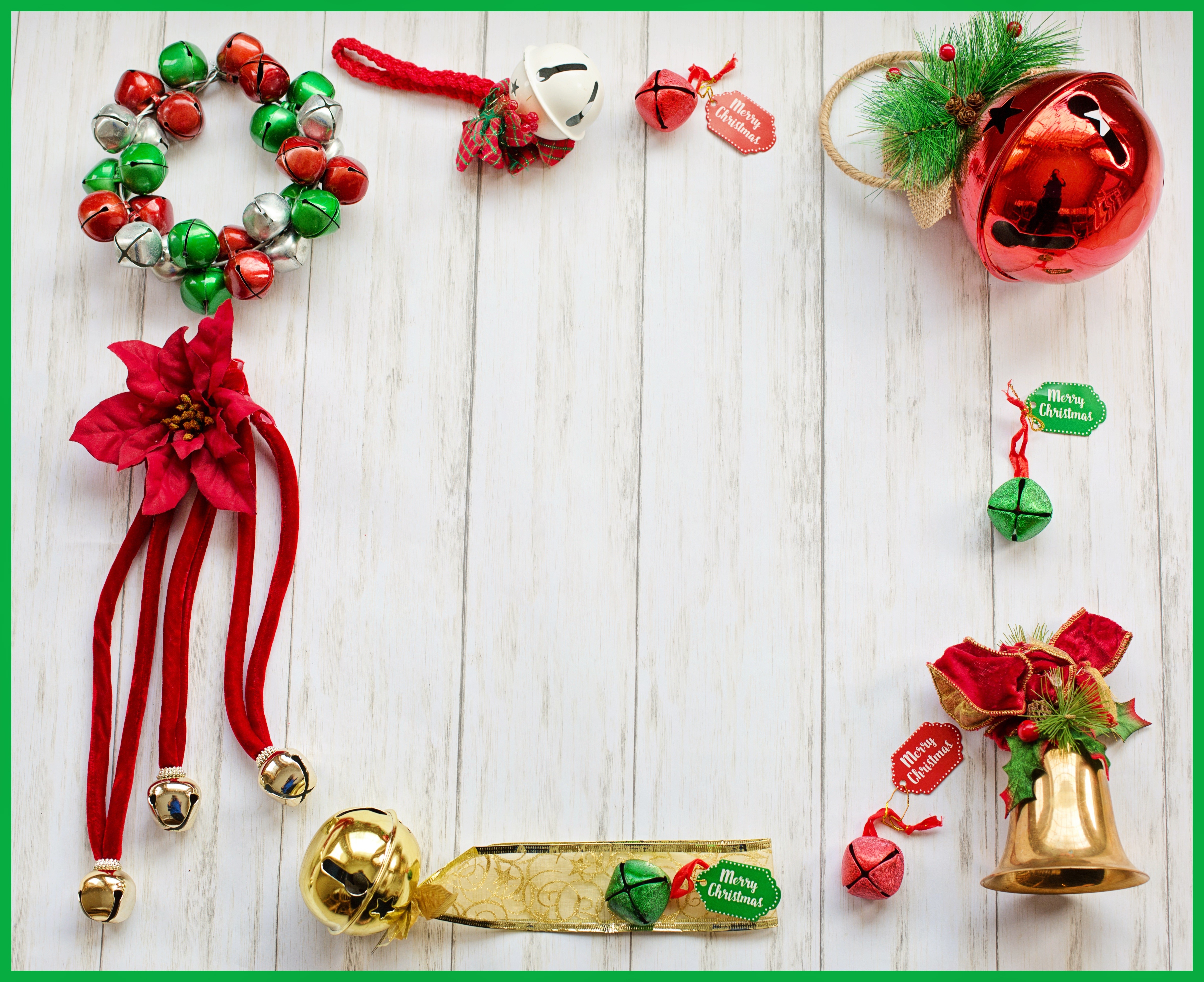 Christmas Bells and Poinsettia Decoration HD Wallpaper
