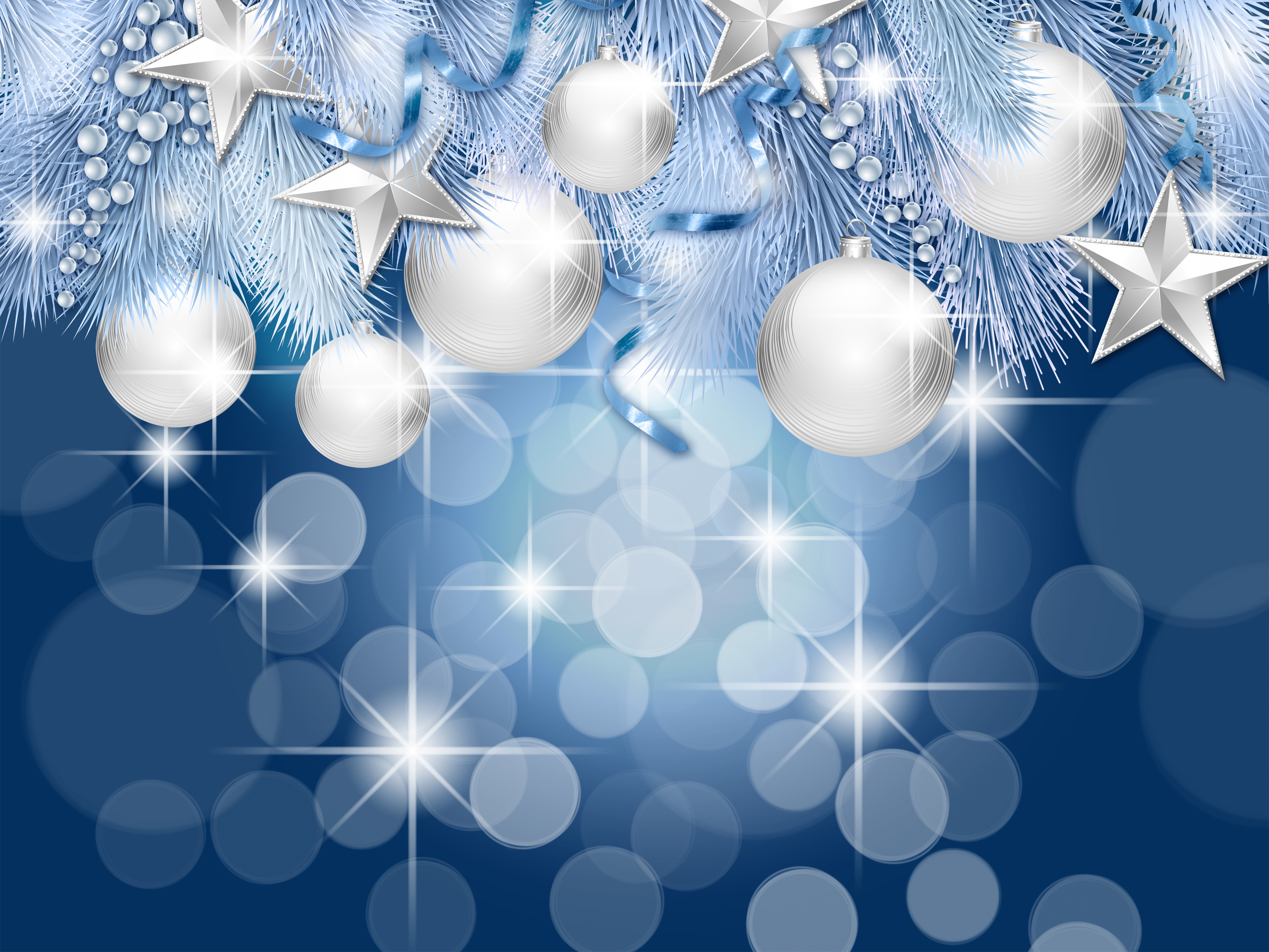 Christmas Silver Balls and Stars on Branches HD Wallpaper