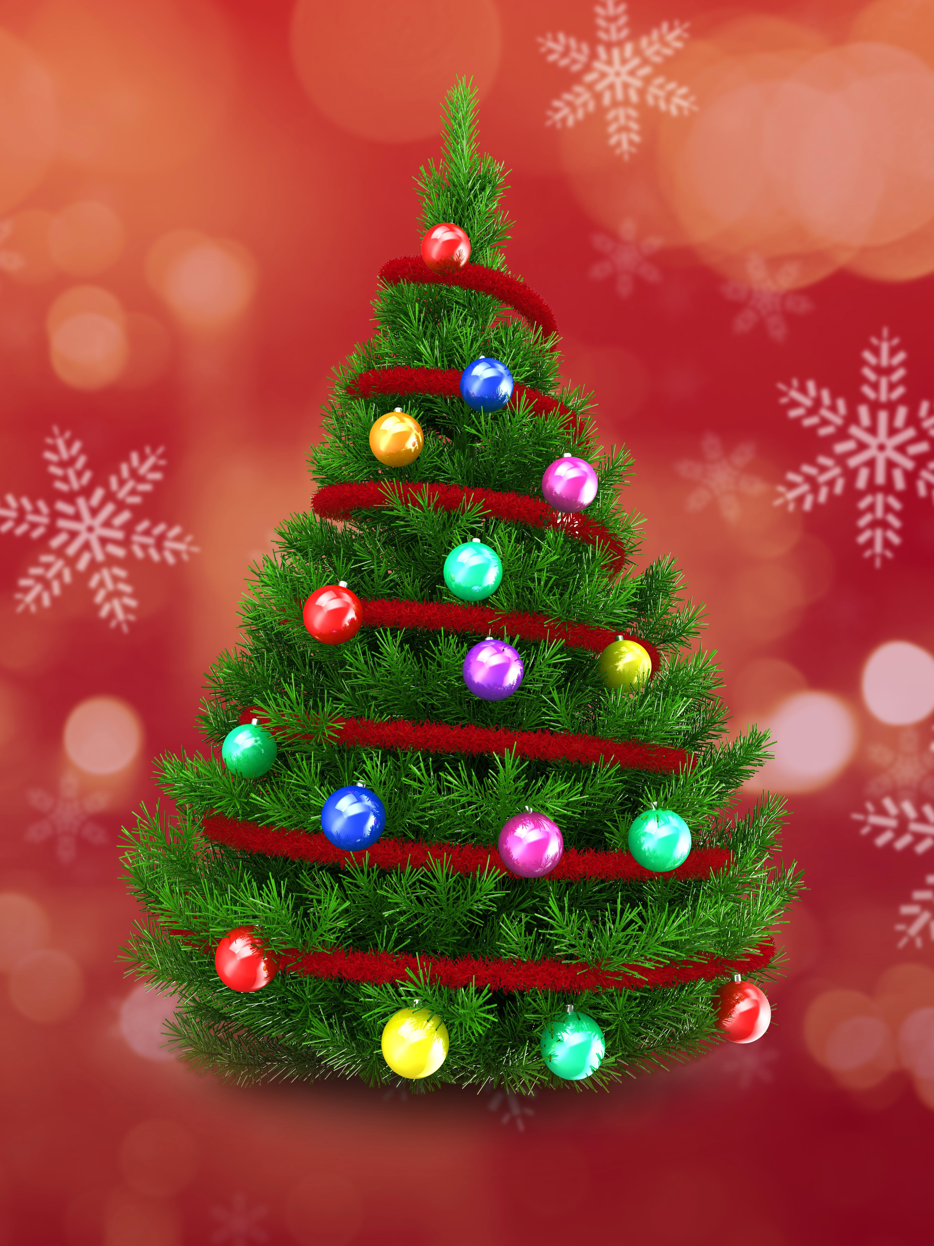 Christmas tree with ornaments and snowflakes HD Phone Wallpaper