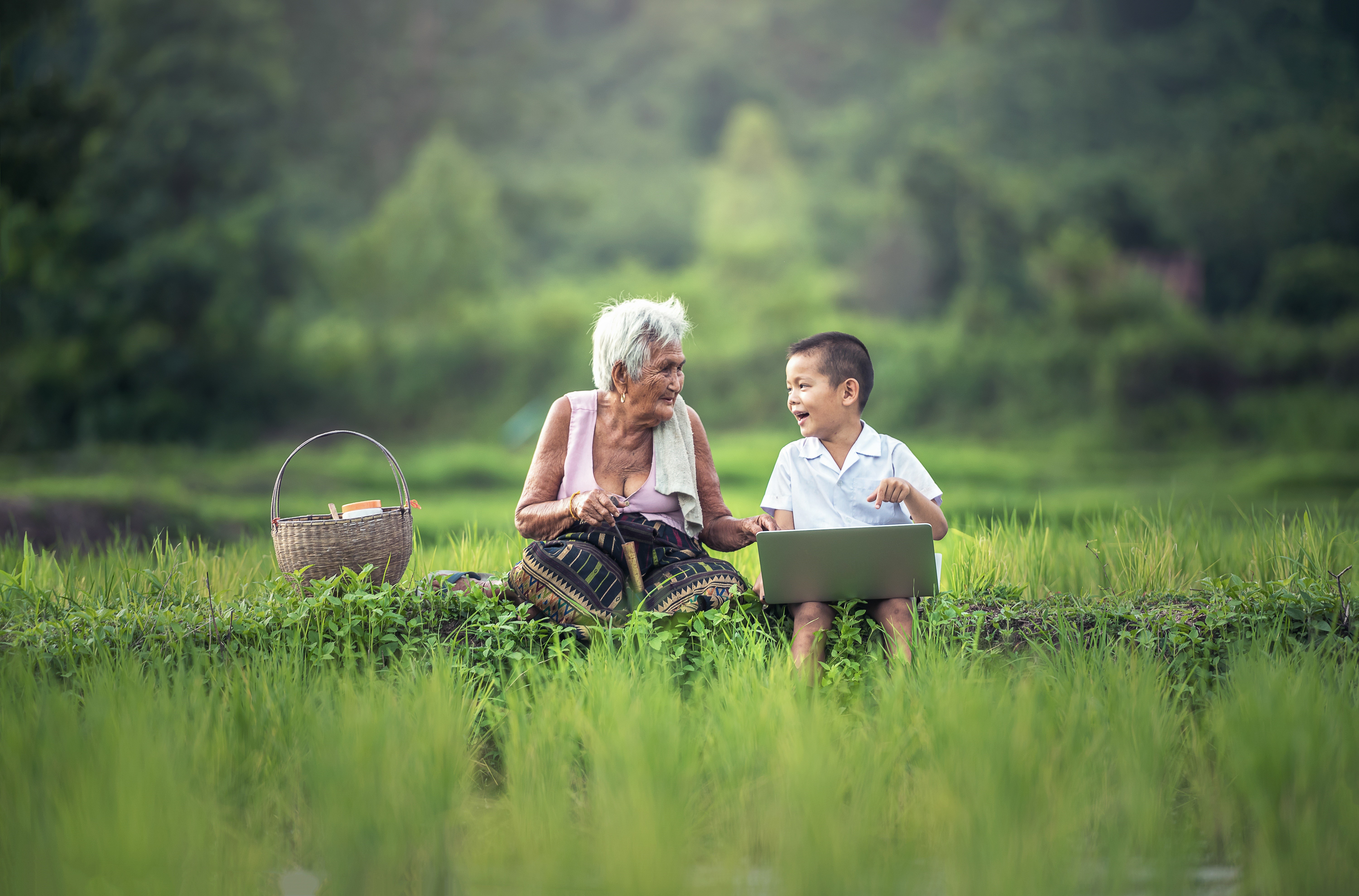 Old woman and boy with laptop in rice field HD Wallpaper