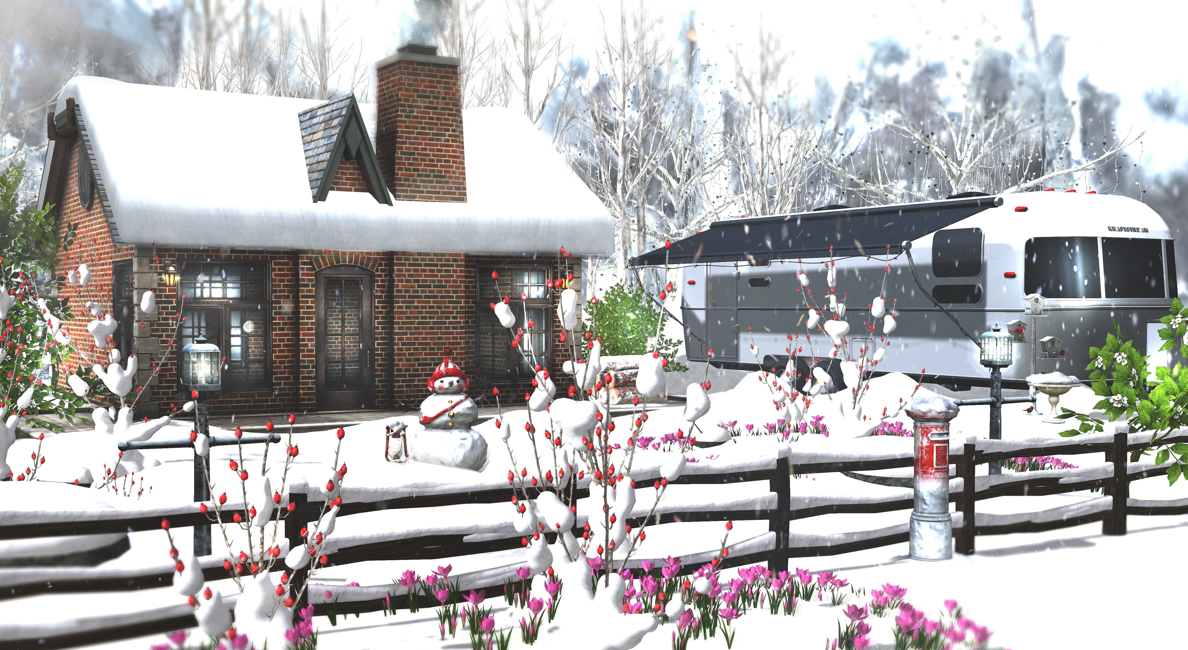 Winter scene with a brick house and RV HD Wallpaper