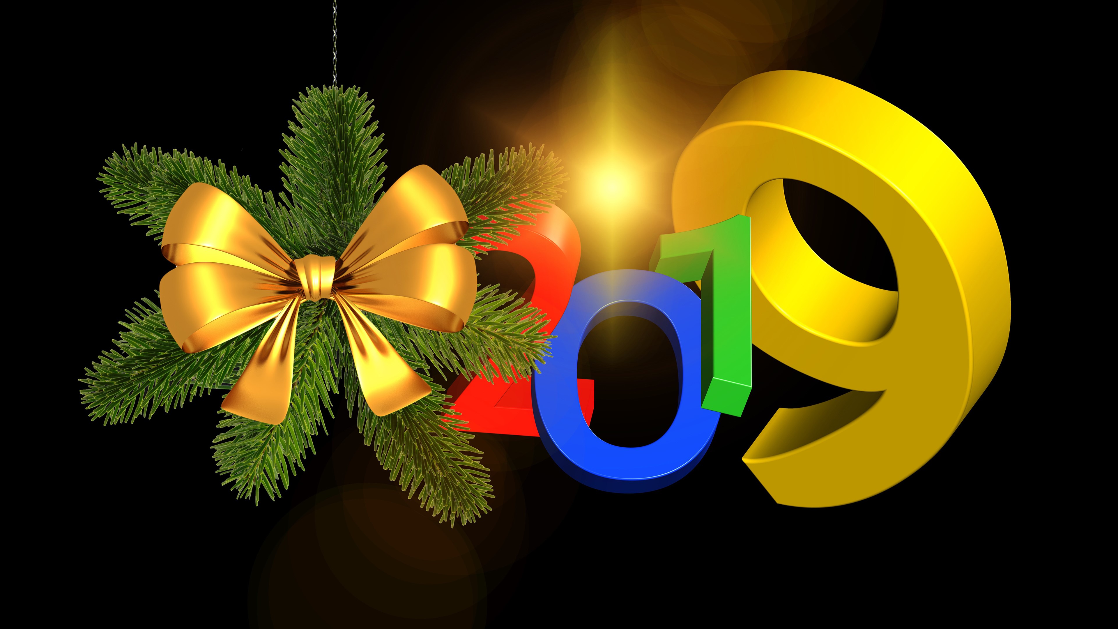 4K 2019 Christmas Tree Branch with Golden Bow HD Wallpaper