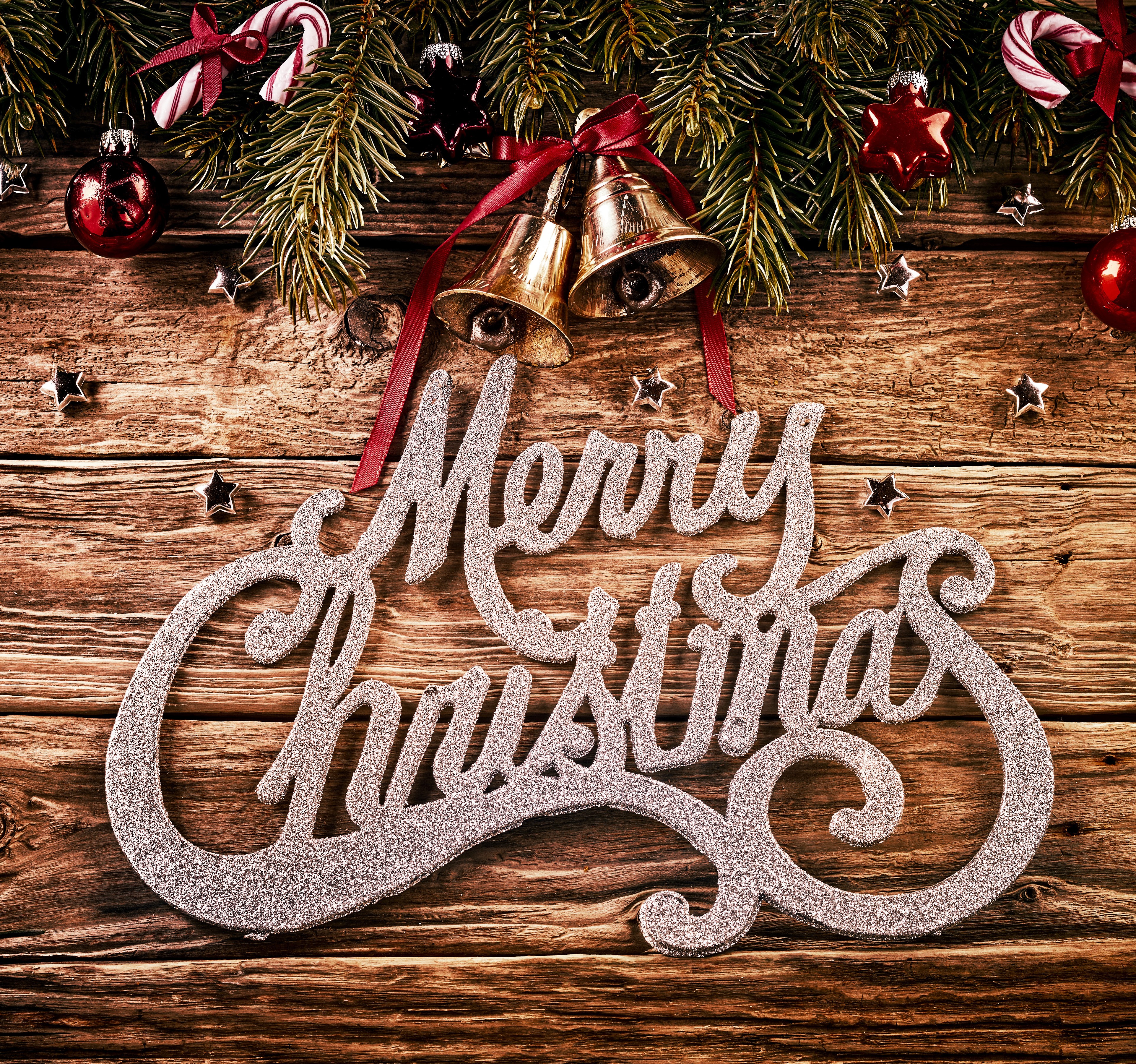 Merry Christmas sign with bells and ornaments HD Wallpaper