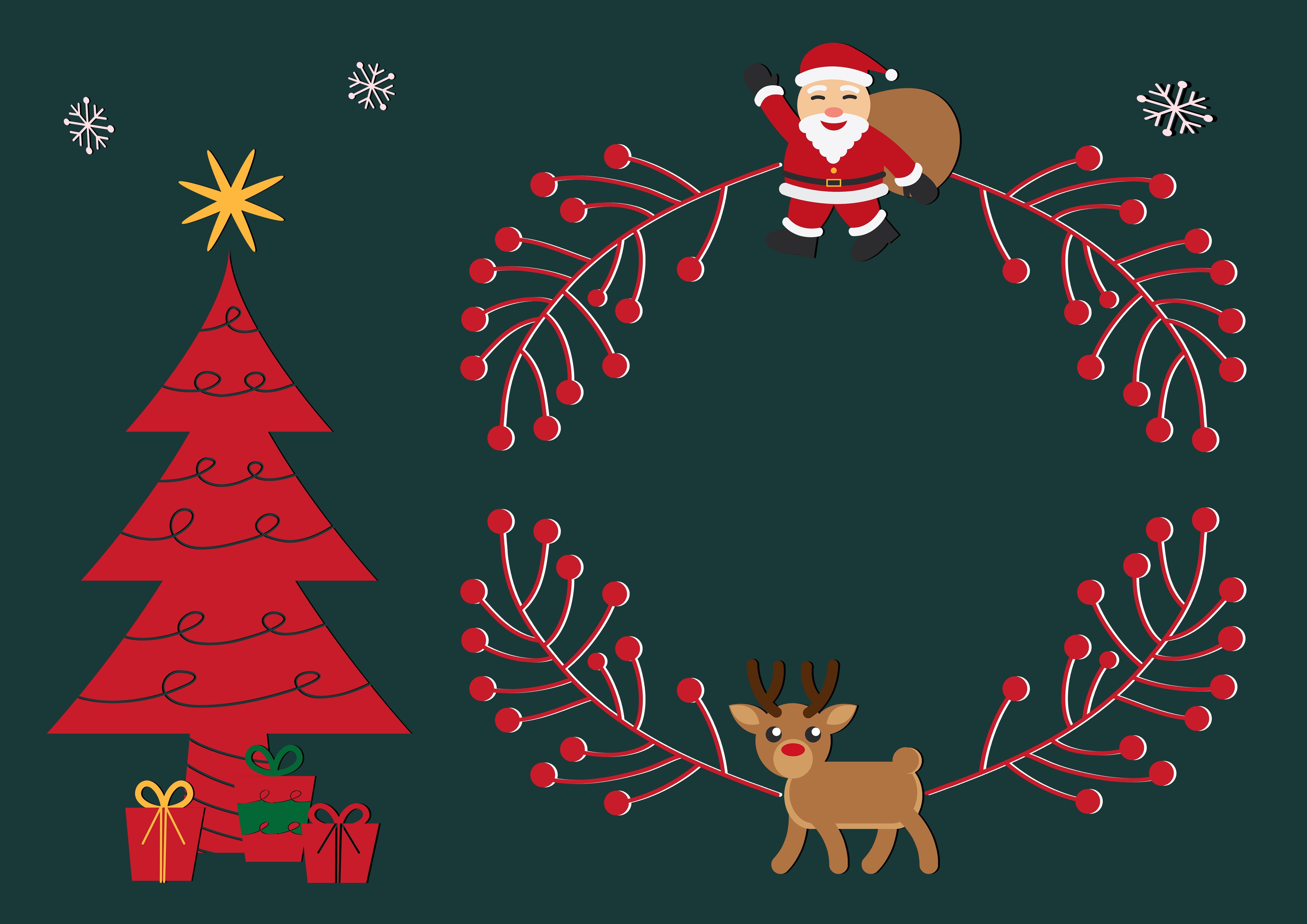 Christmas Tree, Santa Claus, and Deer with Berries HD Wallpaper