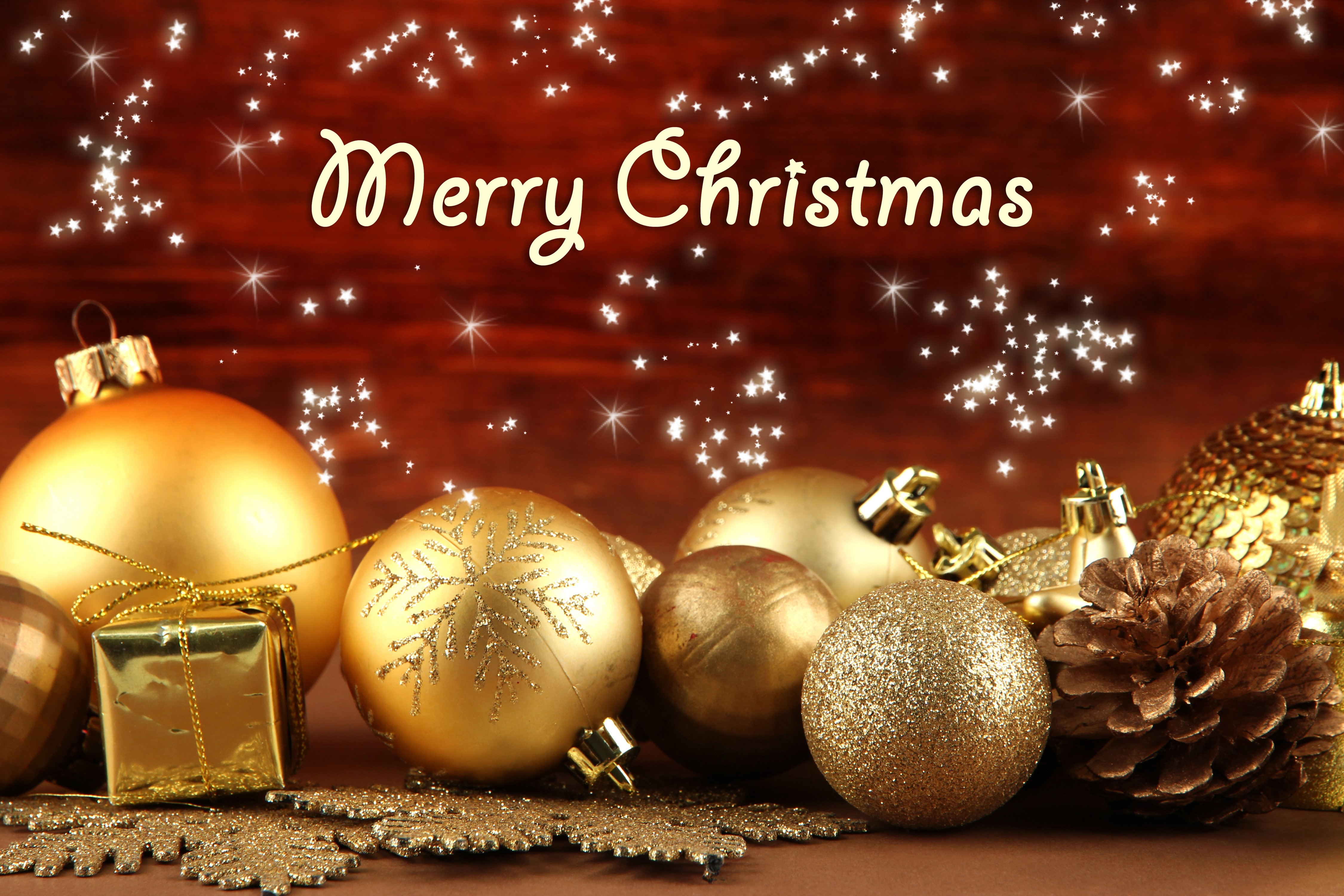 Merry Christmas with golden ornaments and pine cone HD Wallpaper