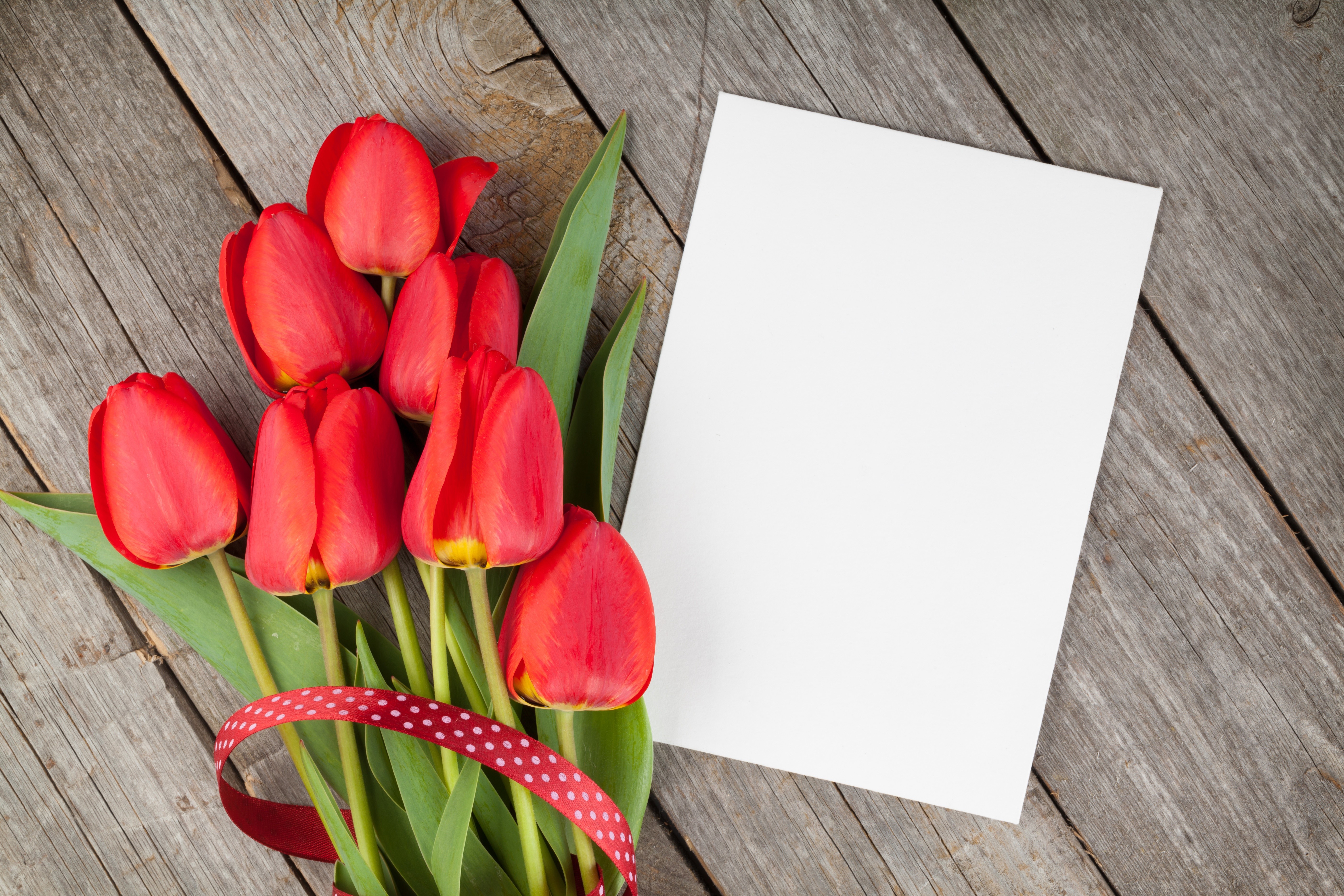 Red Tulips with a Blank Card on Wood HD Wallpaper