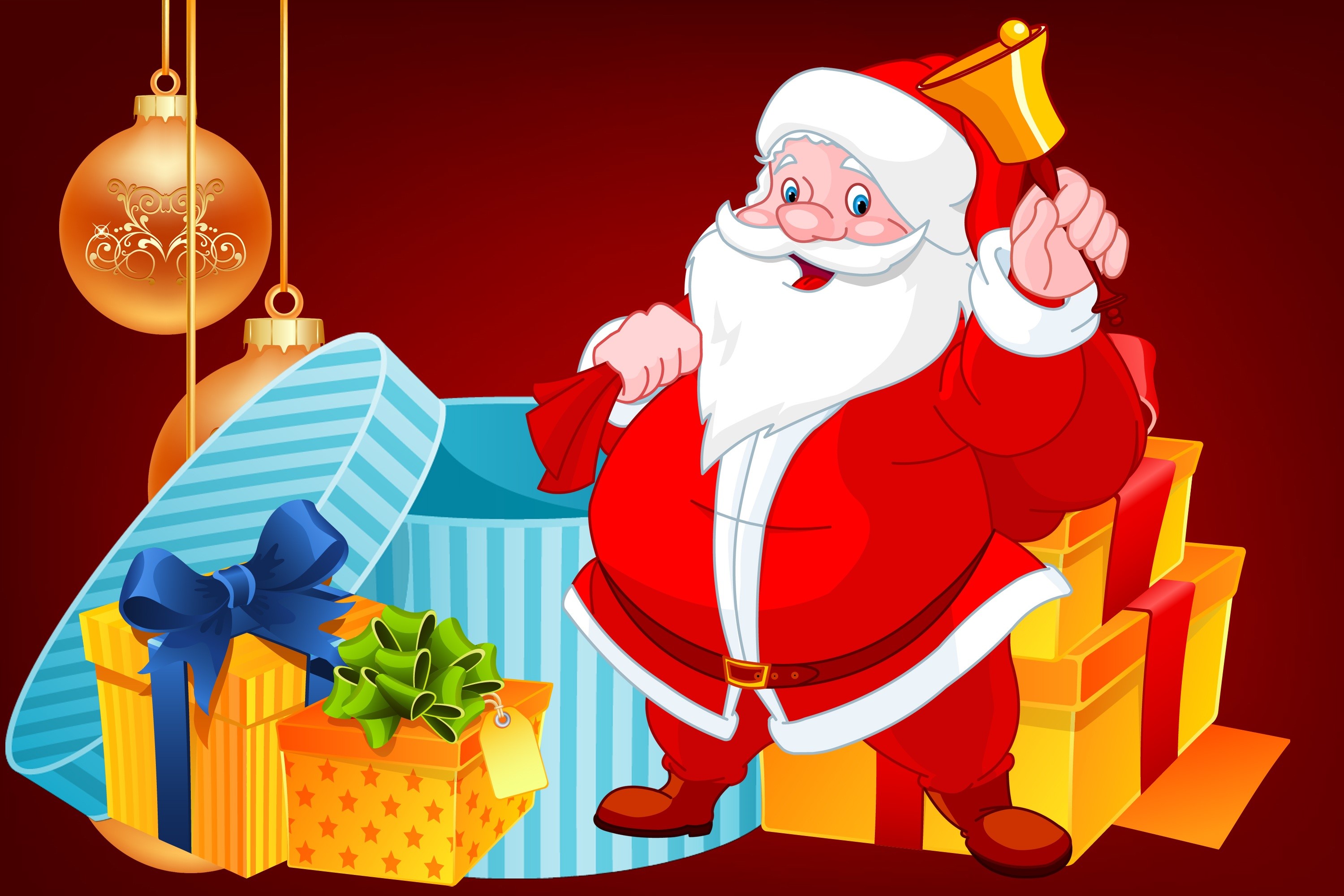 Santa Claus with Gifts and Christmas Ornaments HD Wallpaper
